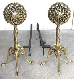 Large American Aesthetic Movement Brass Andirons Nautical Sailor’s Knot Motif
