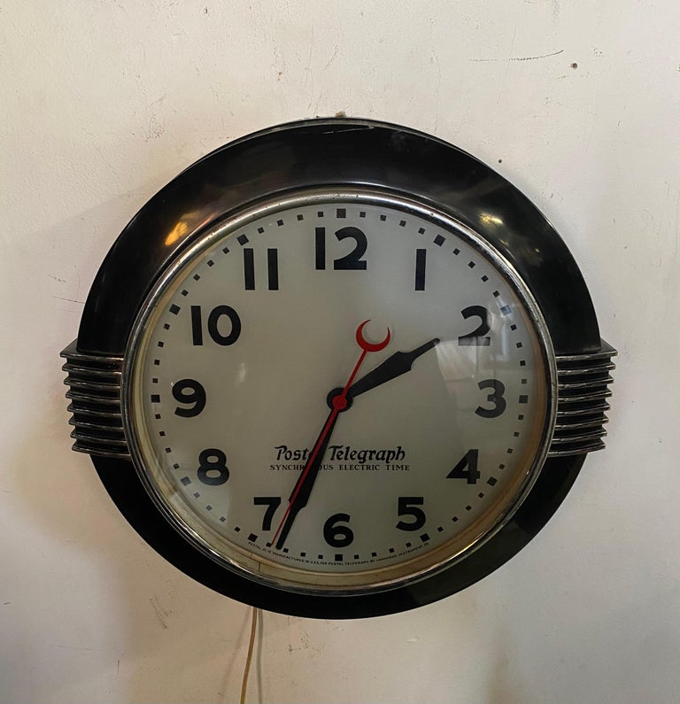 Large American Art Deco Chrome and Black Illuminated Dial Wall