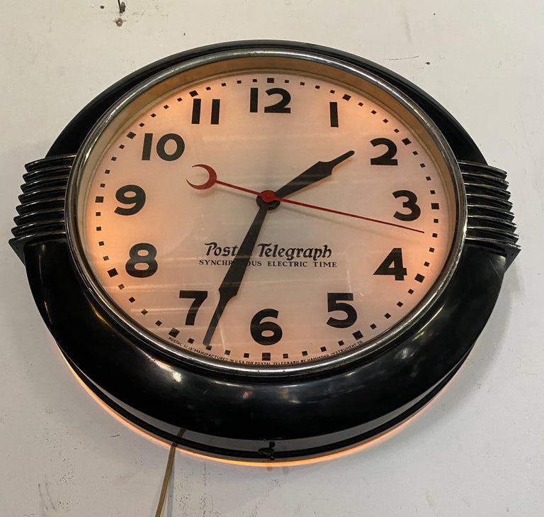 Large American Art Deco Chrome and Black Illuminated Dial Wall