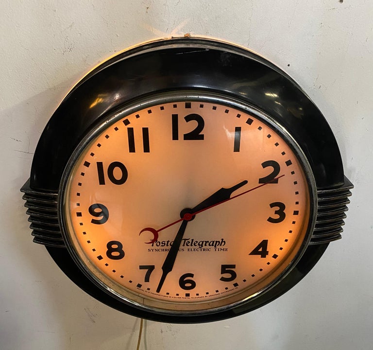 Large American Art Deco Chrome and Black Illuminated Dial Wall