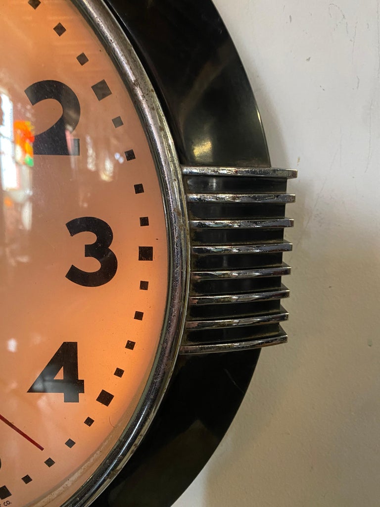 Large American Art Deco Chrome and Black Illuminated Dial Wall