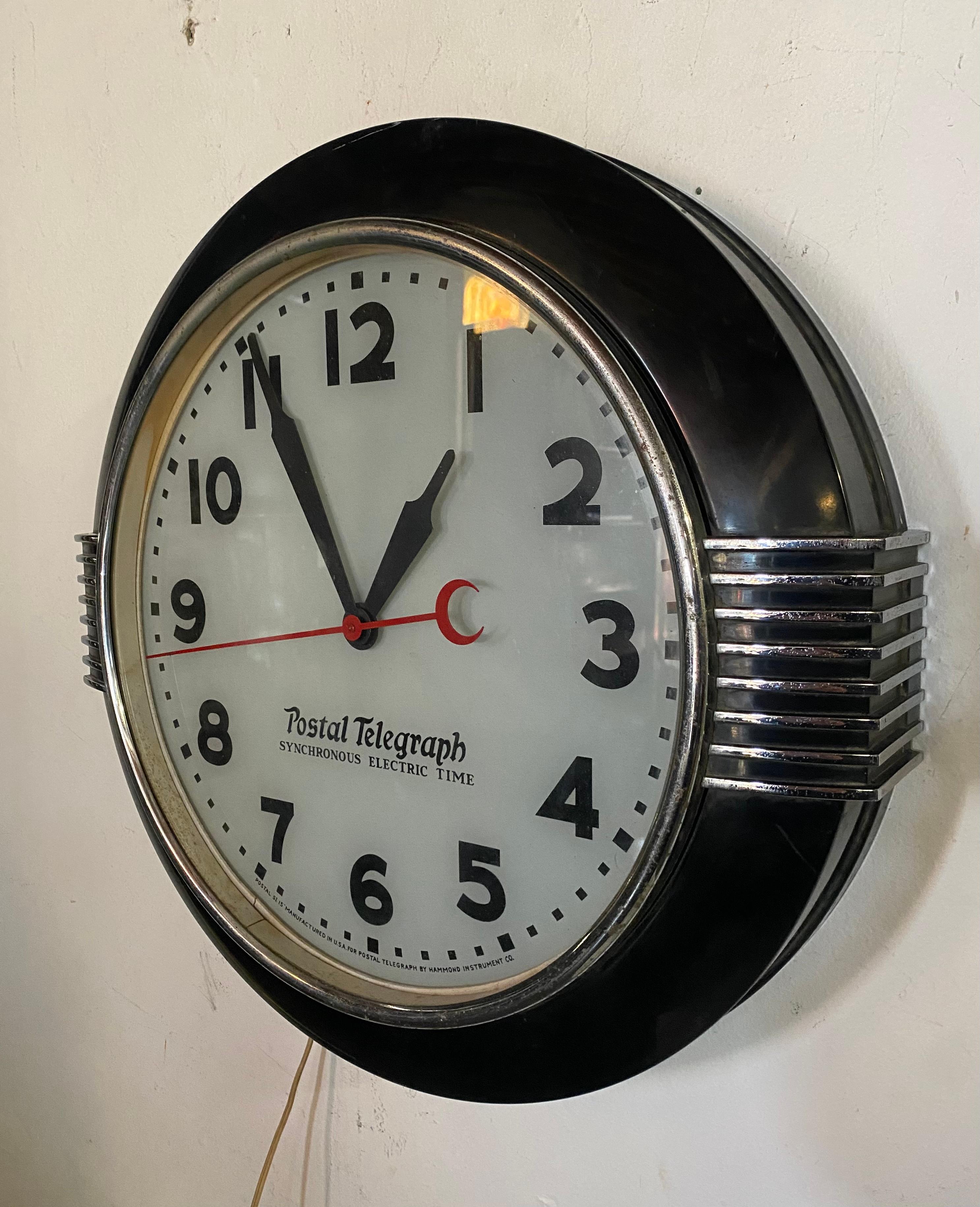 Large American Art Deco Chrome and Black Illuminated Dial Wall Clock by Hammond 1