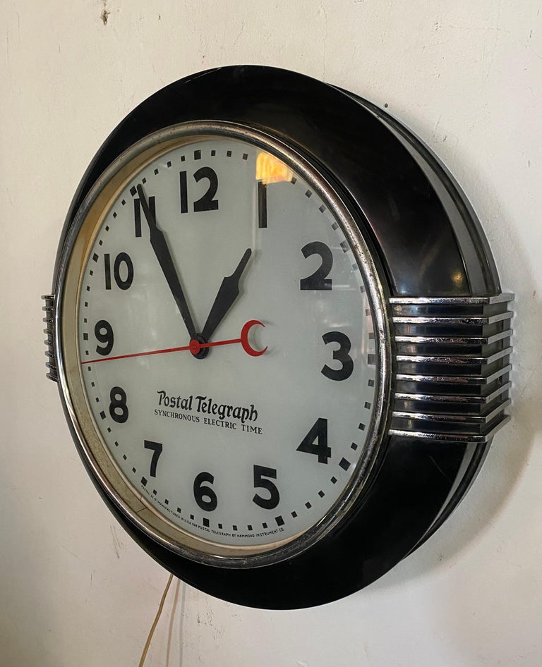 Large American Art Deco Chrome and Black Illuminated Dial Wall