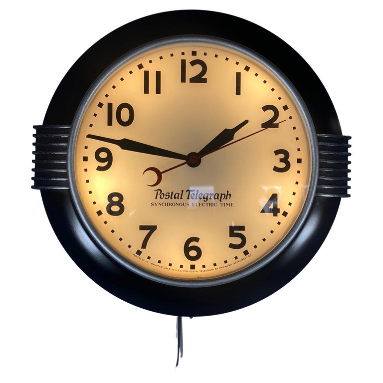 Large American Art Deco Chrome and Black Illuminated Dial Wall Clock by