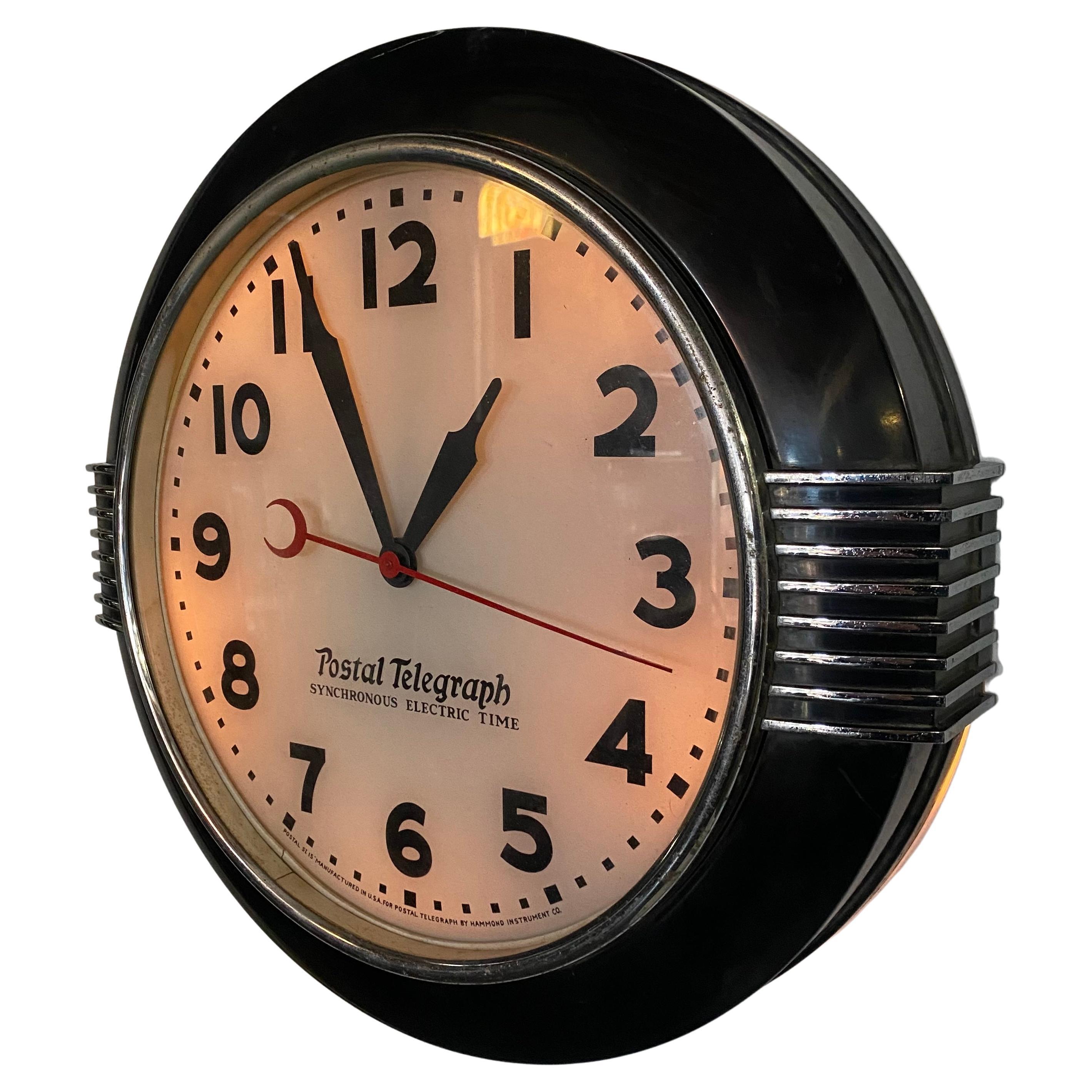 Large American Art Deco Chrome and Black Illuminated Dial Wall Clock by Hammond