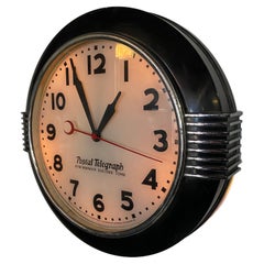 Vintage Large American Art Deco Chrome and Black Illuminated Dial Wall Clock by Hammond