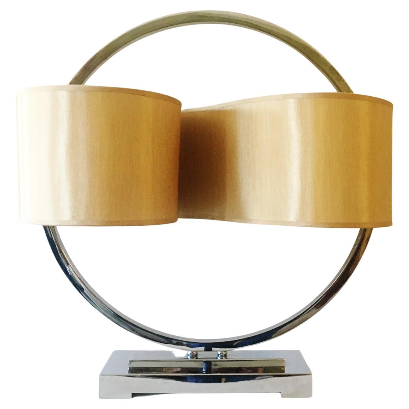 Large American Art Deco Revival Chrome Twin Console Lamp with Ribbon Shade For Sale