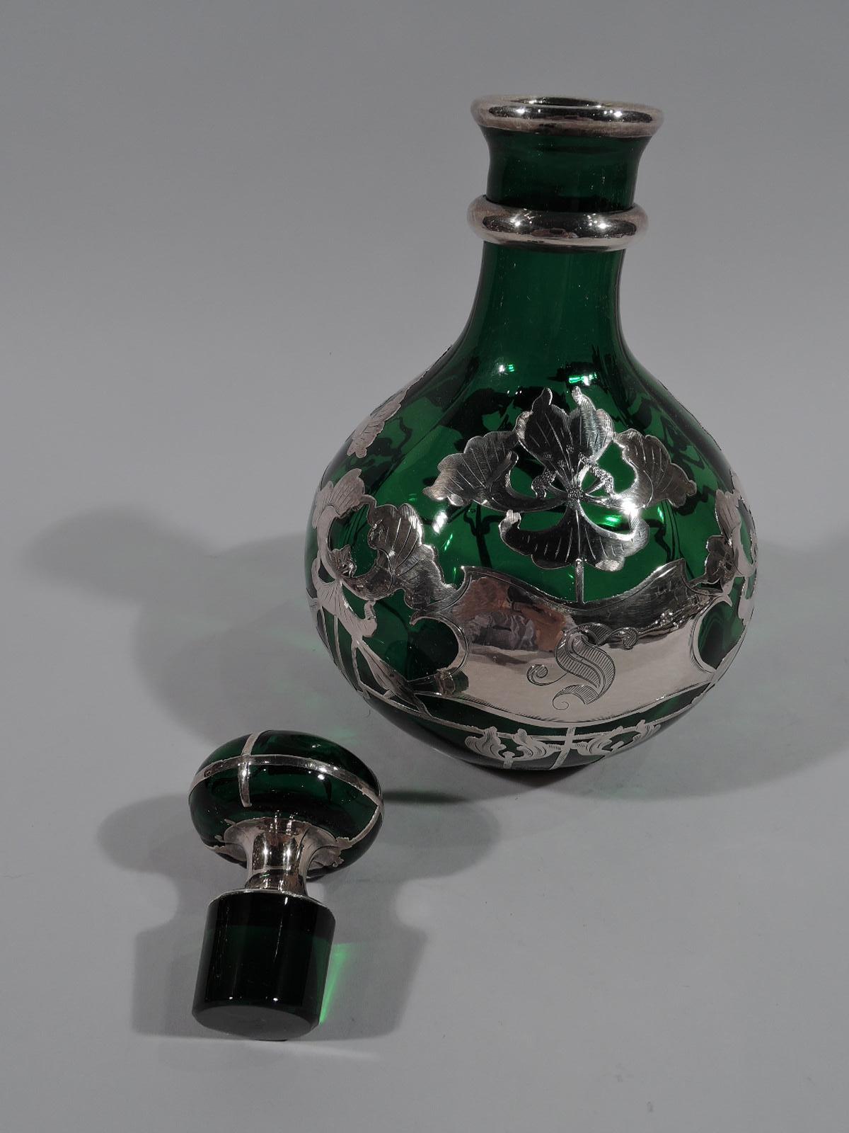 20th Century Large American Art Nouveau Green Glass Silver Overlay Perfume For Sale