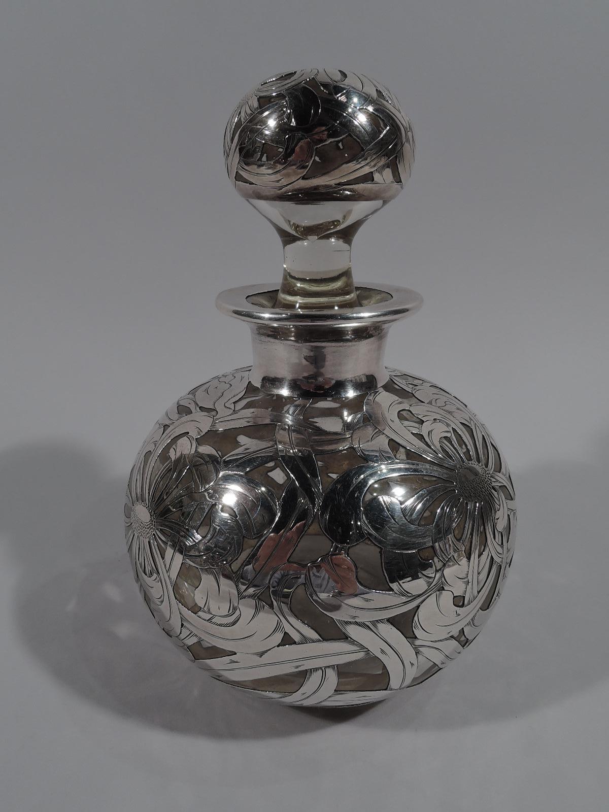 Large American Art Nouveau Silver Overlay Cologne Bottle In Excellent Condition In New York, NY