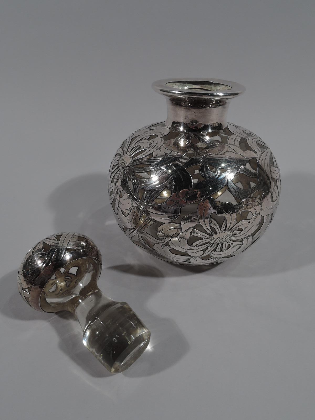 19th Century Large American Art Nouveau Silver Overlay Cologne Bottle