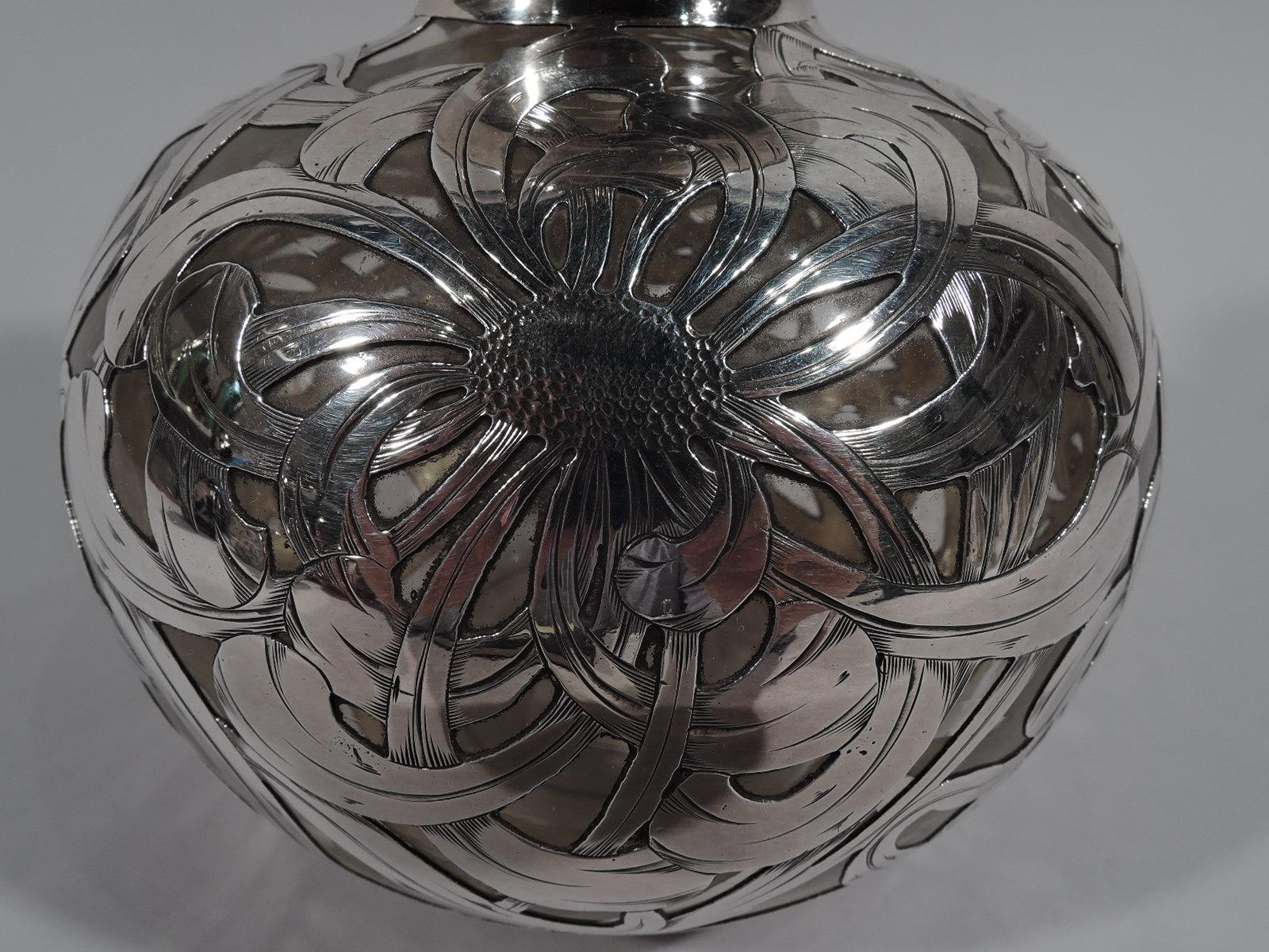 Glass Large American Art Nouveau Silver Overlay Cologne Bottle