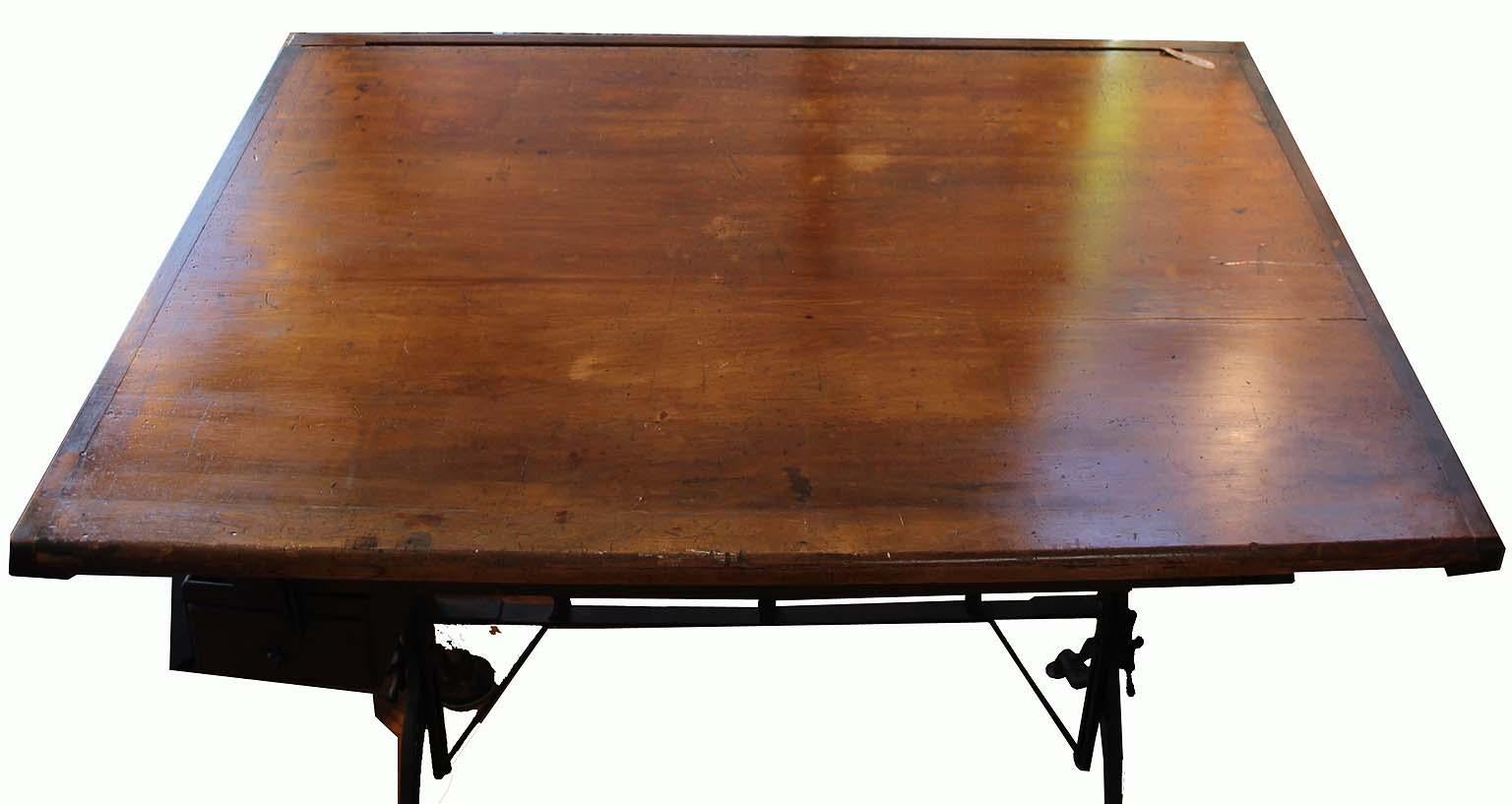 19th Century Large American Drafting Table Iron Base/Adjustable