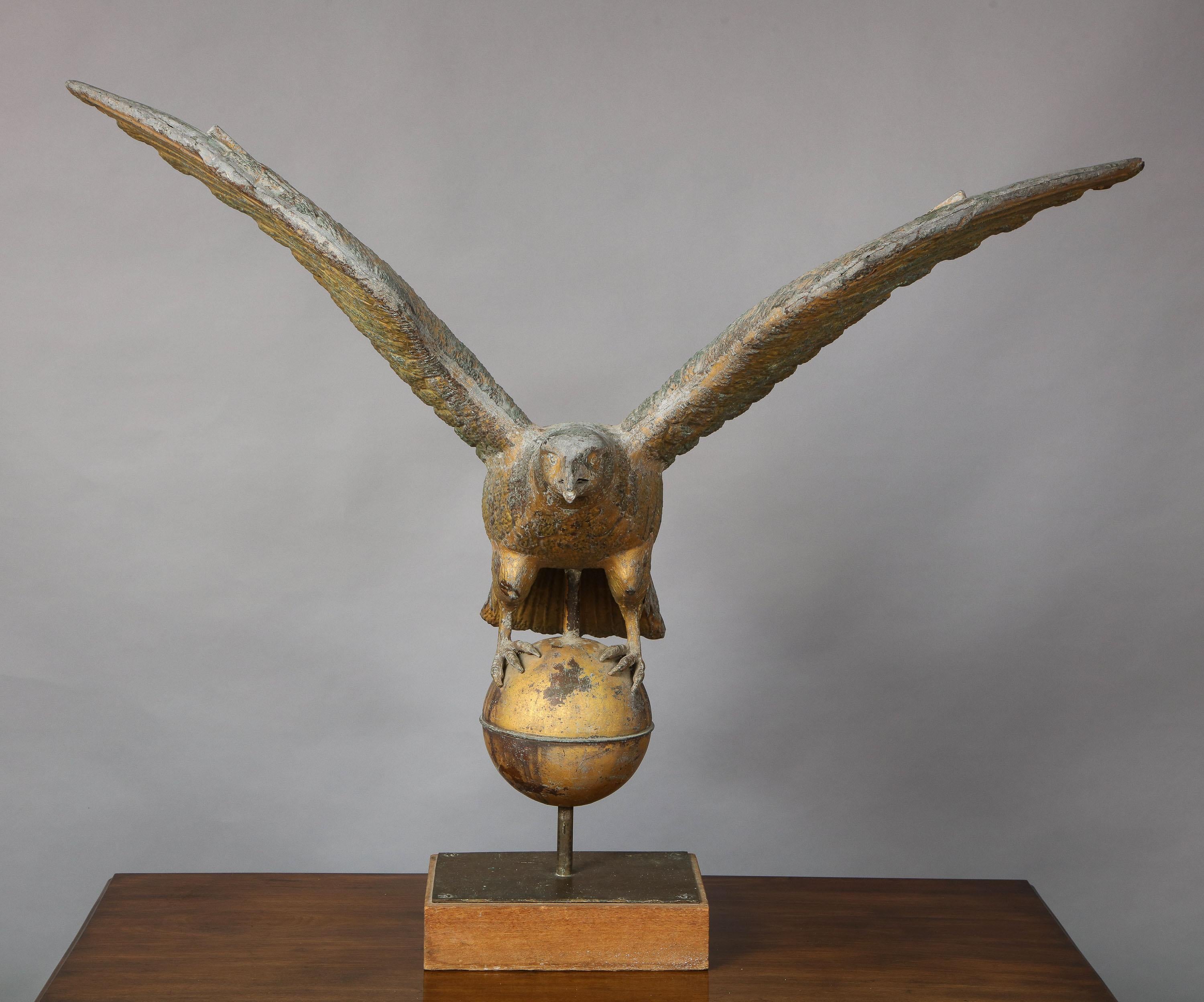 Very fine and large American full bodied eagle weathervane, the spread wings with original braced support and finely detailed feathers, the zinc and copper head with open beak, standing on a gilt ball, the whole retaining much original gilding, the