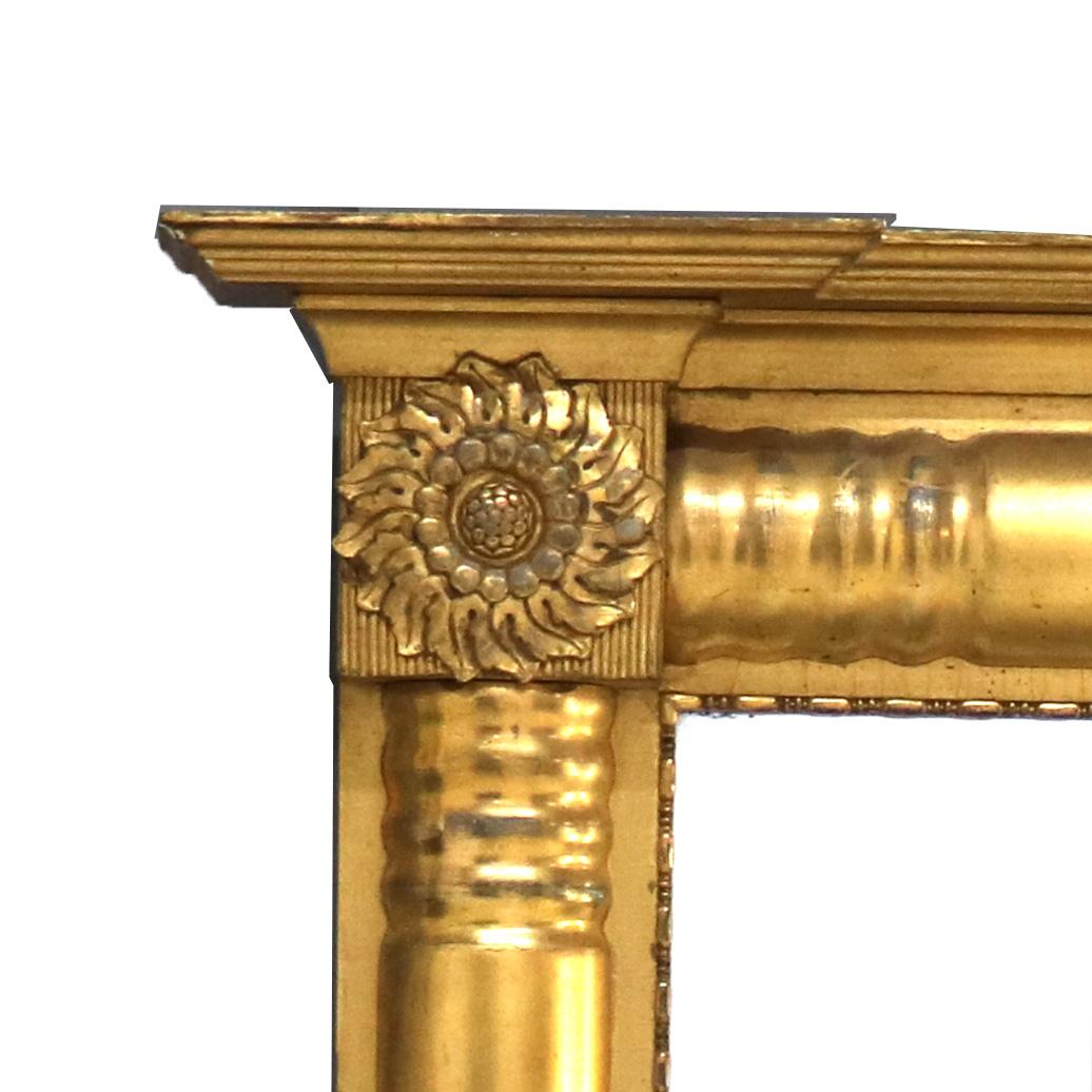 ***Reduced In-House Delivery Rates - Click on “Ask Seller” to Request a Quote***

Large Antique American Empire First Finish Gilt Wood Triptych Over Mantle Mirror with Column Form Frame & Rosettes 19thC

Measures- 29.75