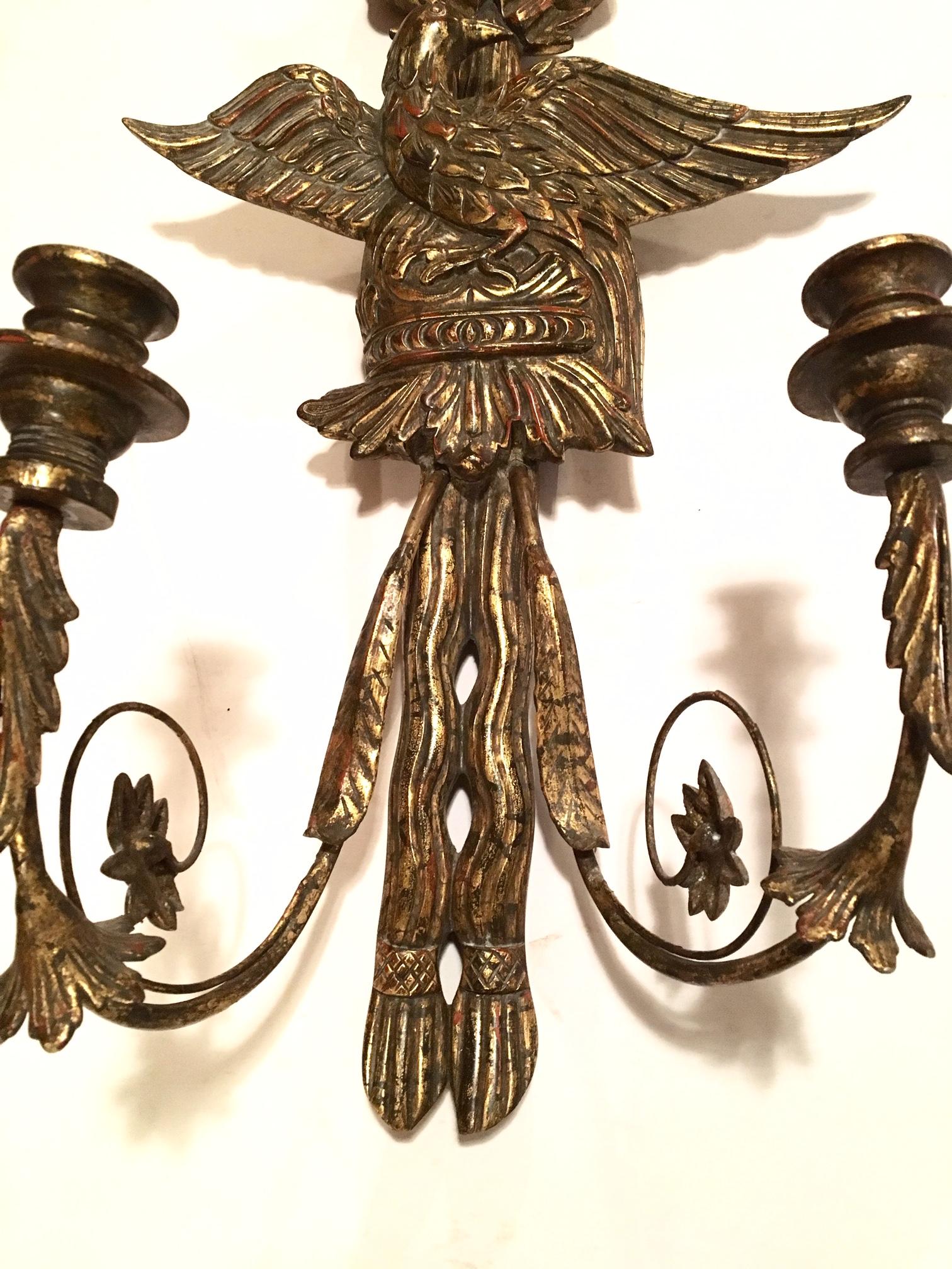 Large American Federal Style Eagle Wood Carved Two-Light Sconce For Sale 1