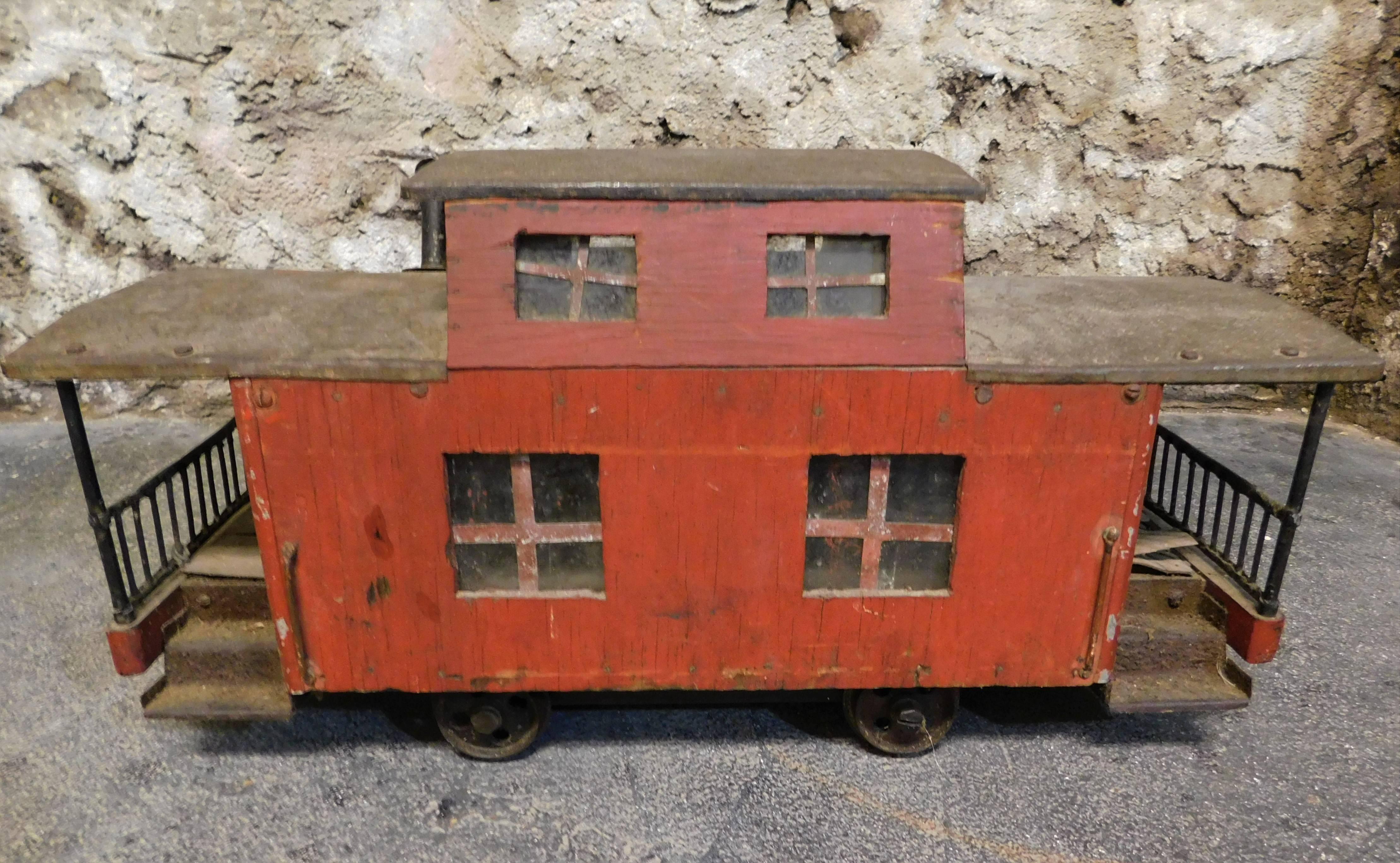 Large American Folk Art Tin Train with Locomotive Engine Coal Car and Caboose 7