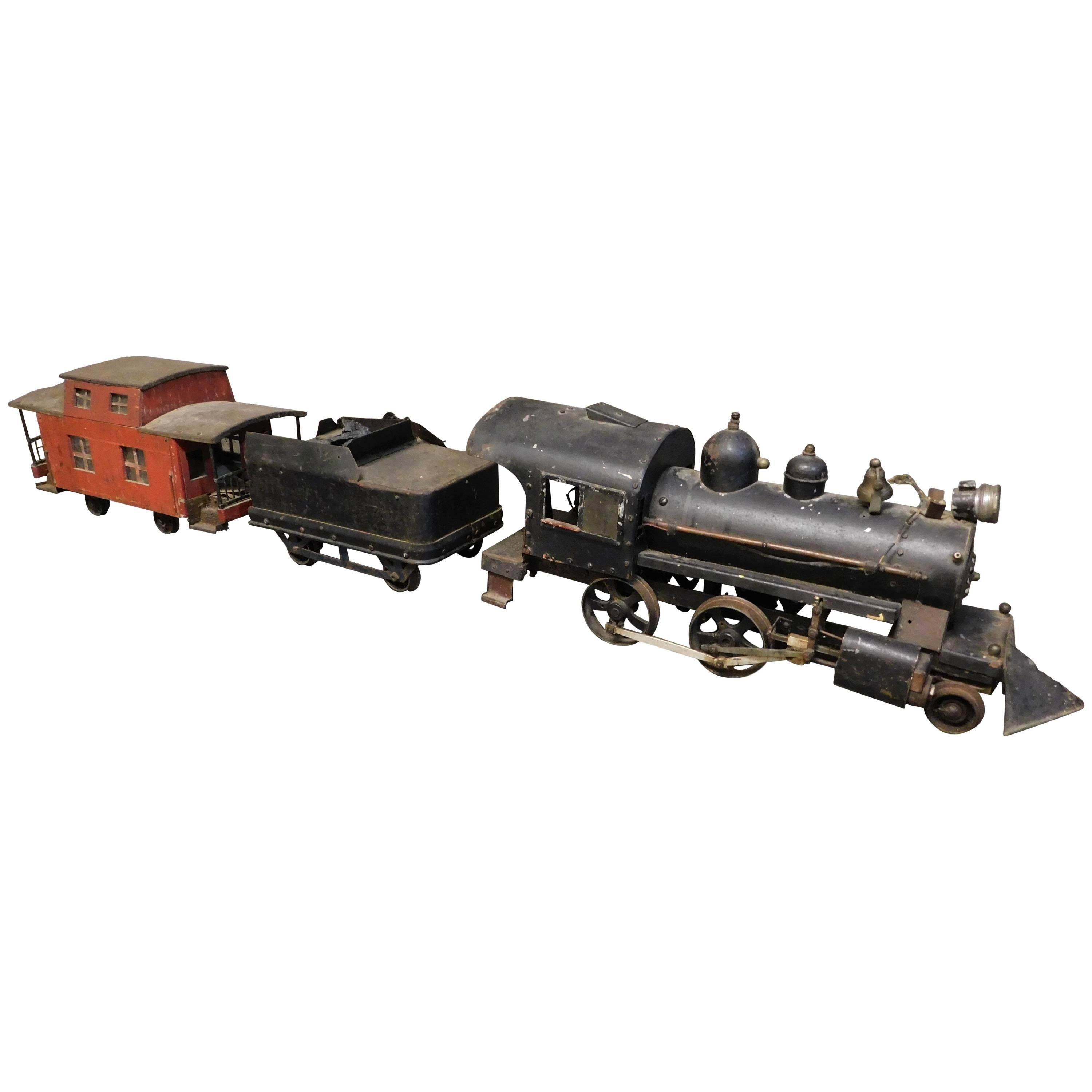 Large American Folk Art Tin Train with Locomotive Engine Coal Car and Caboose