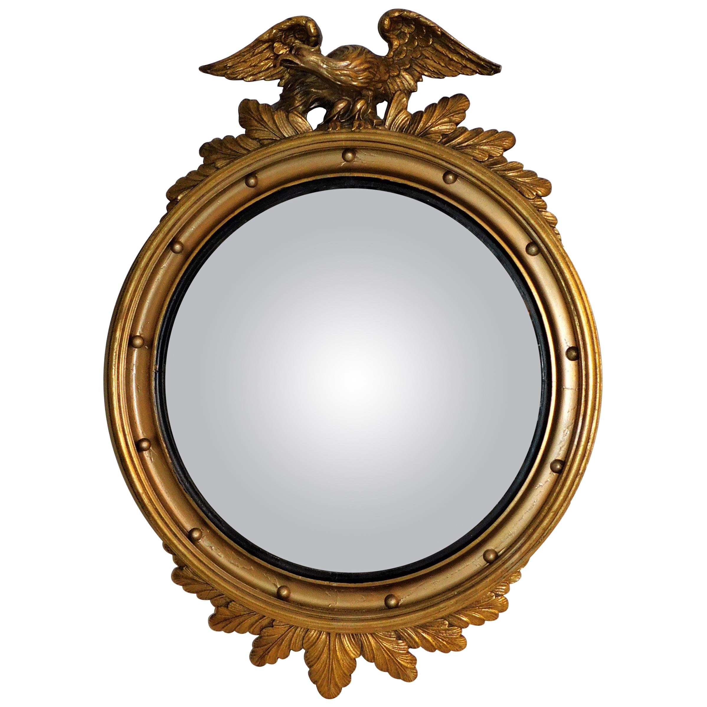 Large American Gilt Carved Wood Eagle Oval Convex Wall Mirror, circa 1890 For Sale