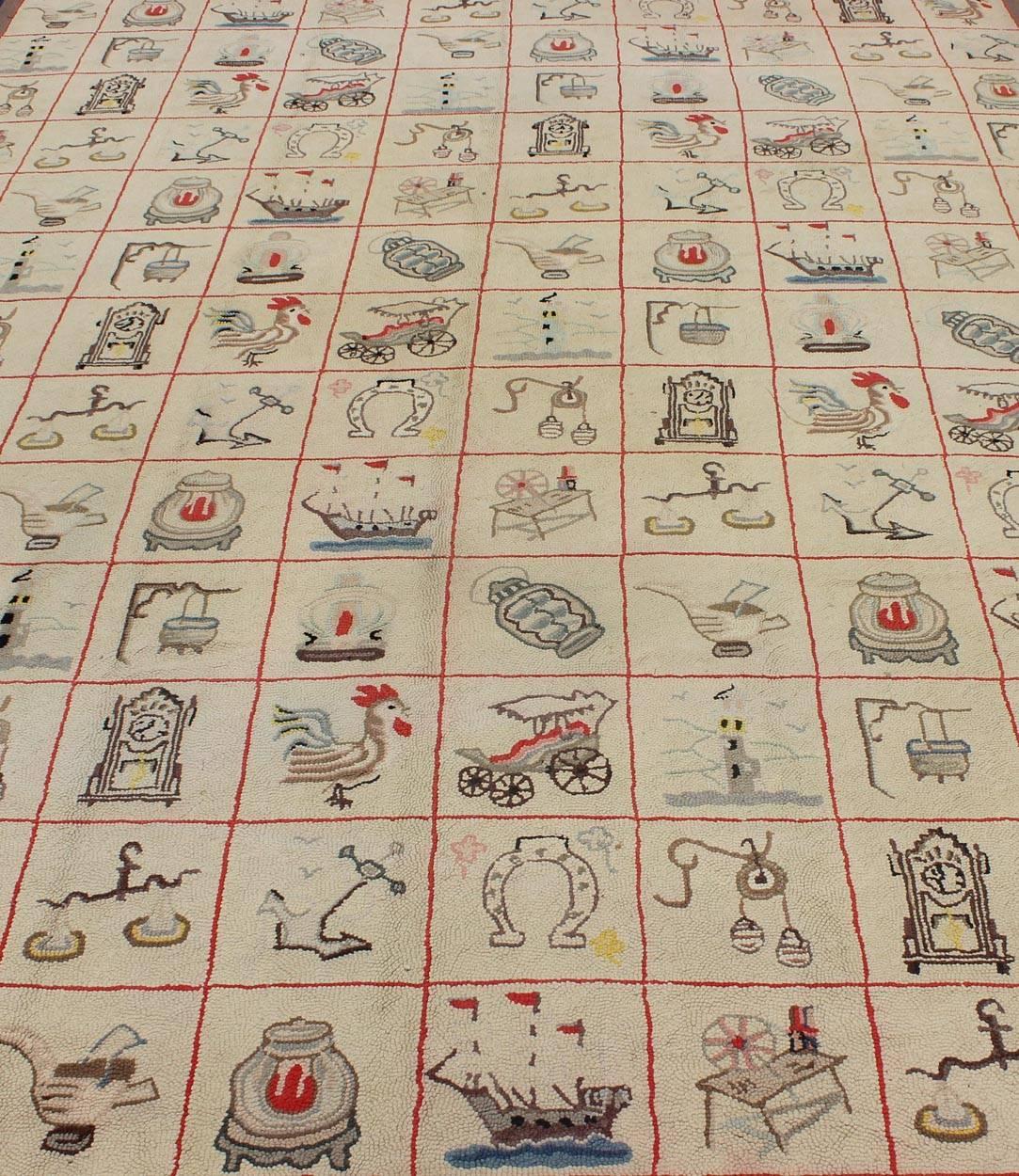 Large American Hooked Rug with Children Motifs of Boats, Horseshoes and Roosters 4