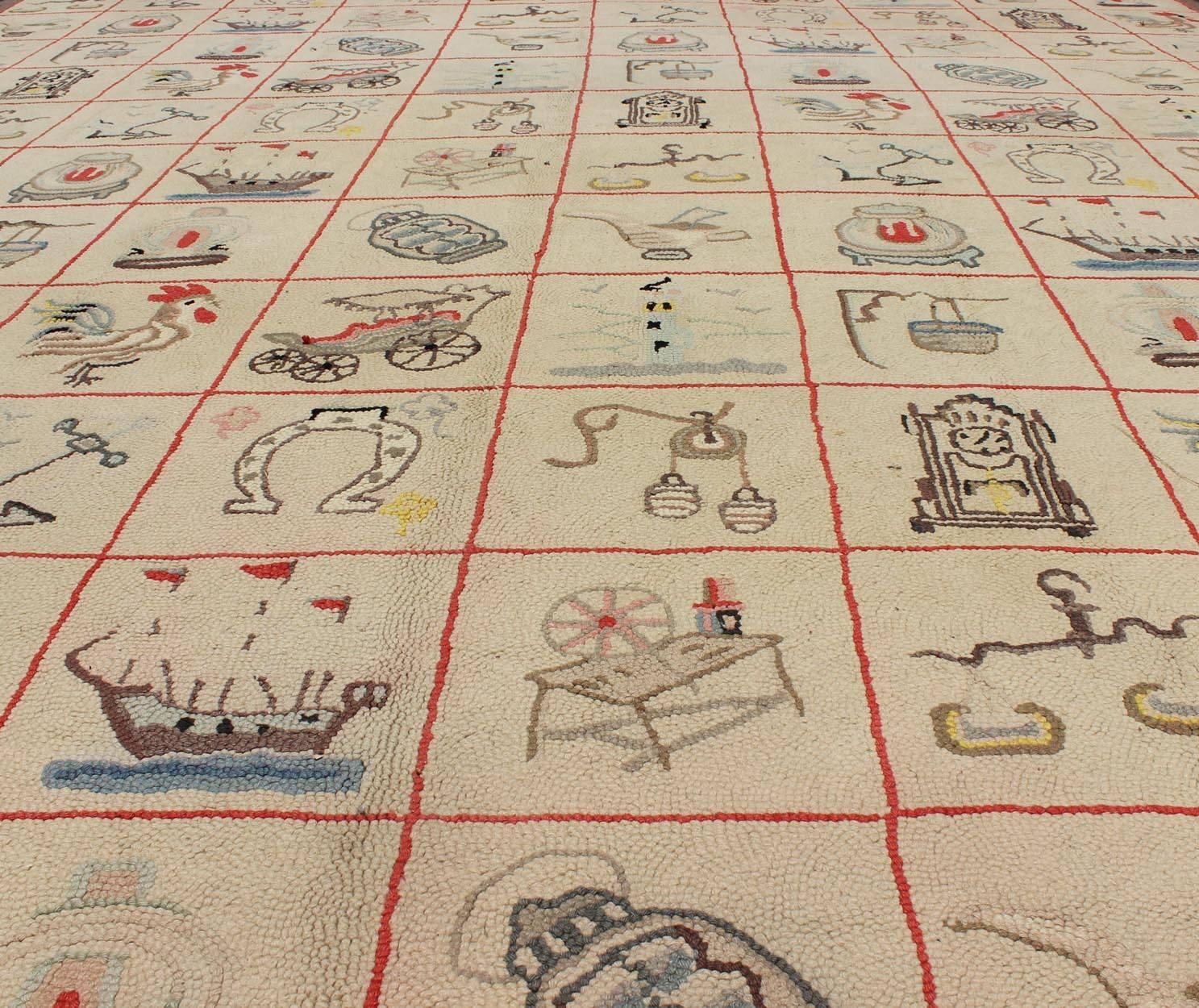 Large American Hooked Rug with Children Motifs of Boats, Horseshoes and Roosters 5