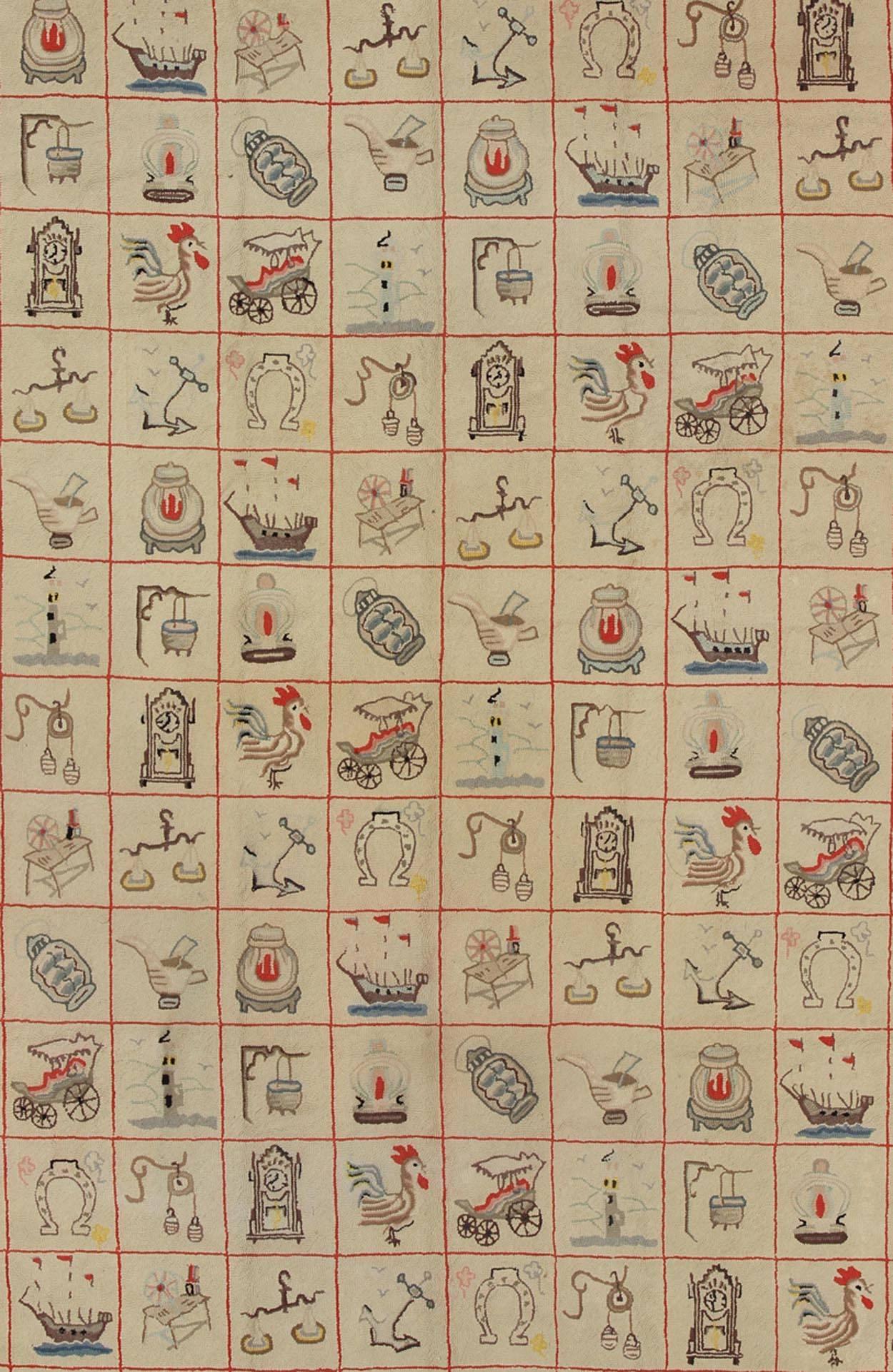 American Classical Large American Hooked Rug with Children Motifs of Boats, Horseshoes and Roosters