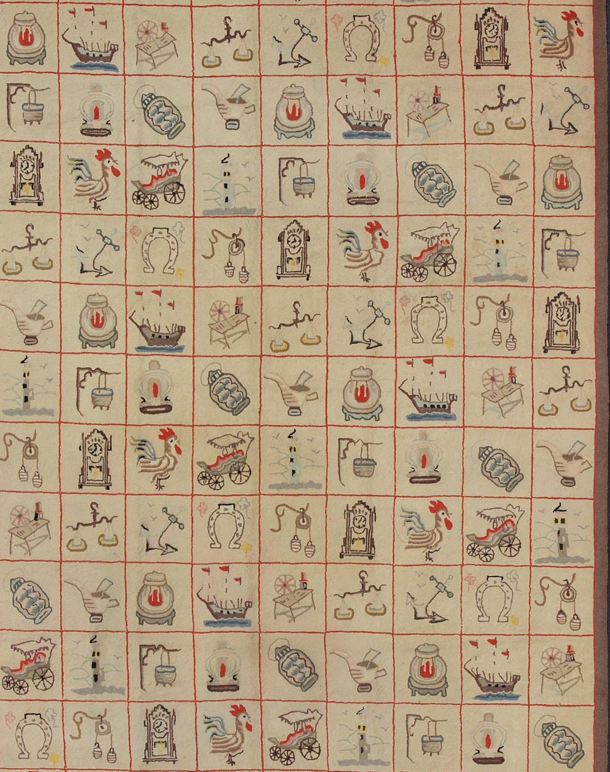 Hand-Knotted Large American Hooked Rug with Children Motifs of Boats, Horseshoes and Roosters