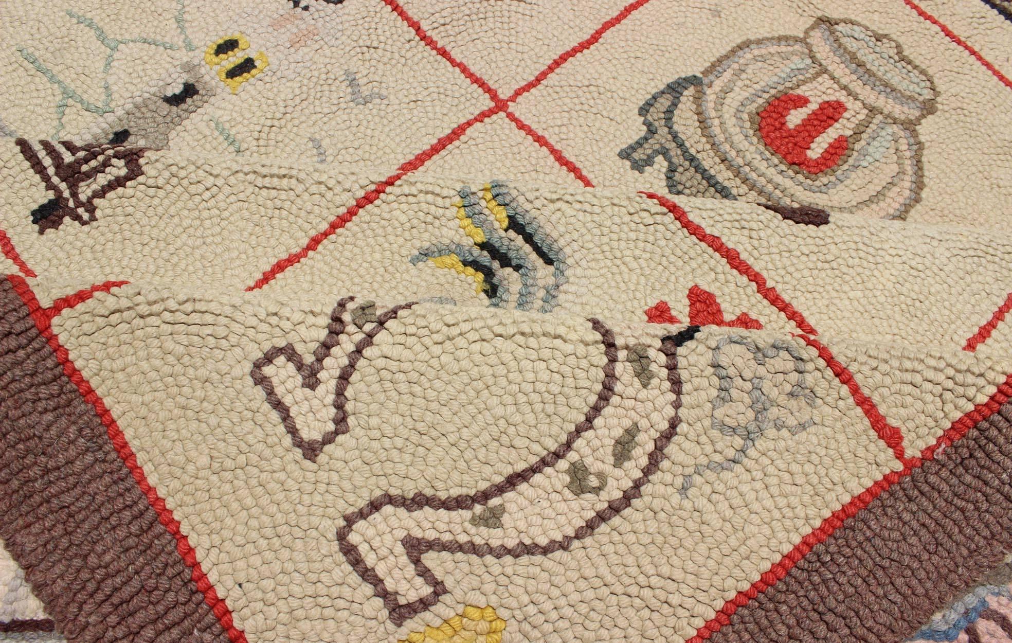 Large American Hooked Rug with Children Motifs of Boats, Horseshoes and Roosters In Good Condition In Atlanta, GA