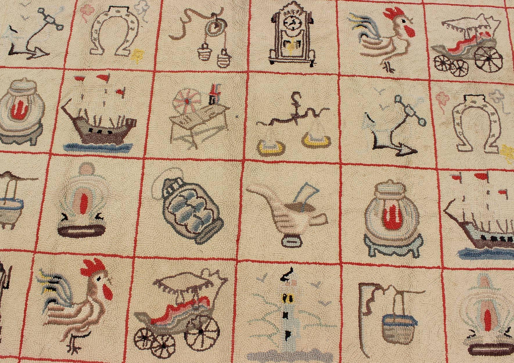 20th Century Large American Hooked Rug with Children Motifs of Boats, Horseshoes and Roosters