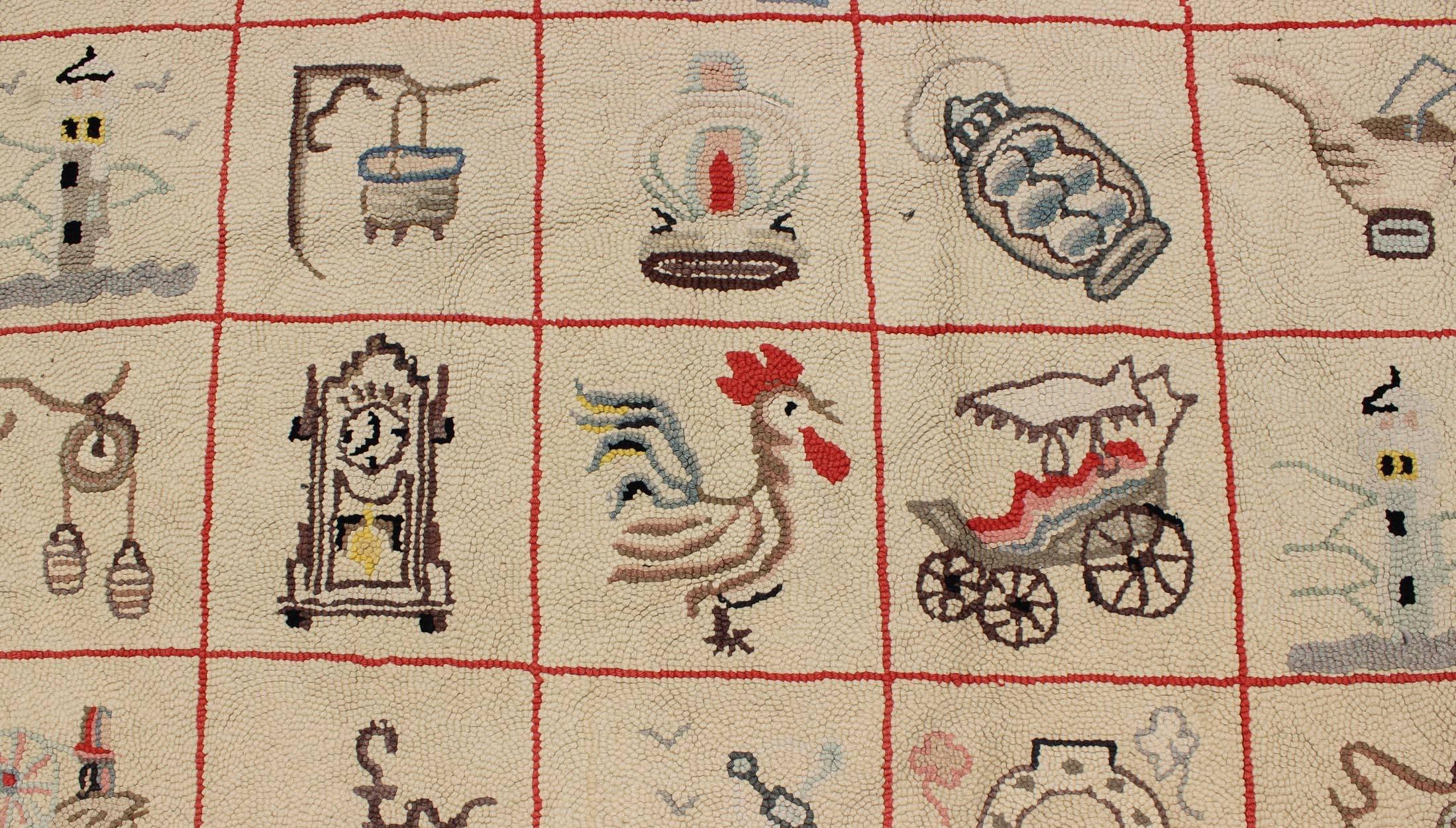 Wool Large American Hooked Rug with Children Motifs of Boats, Horseshoes and Roosters