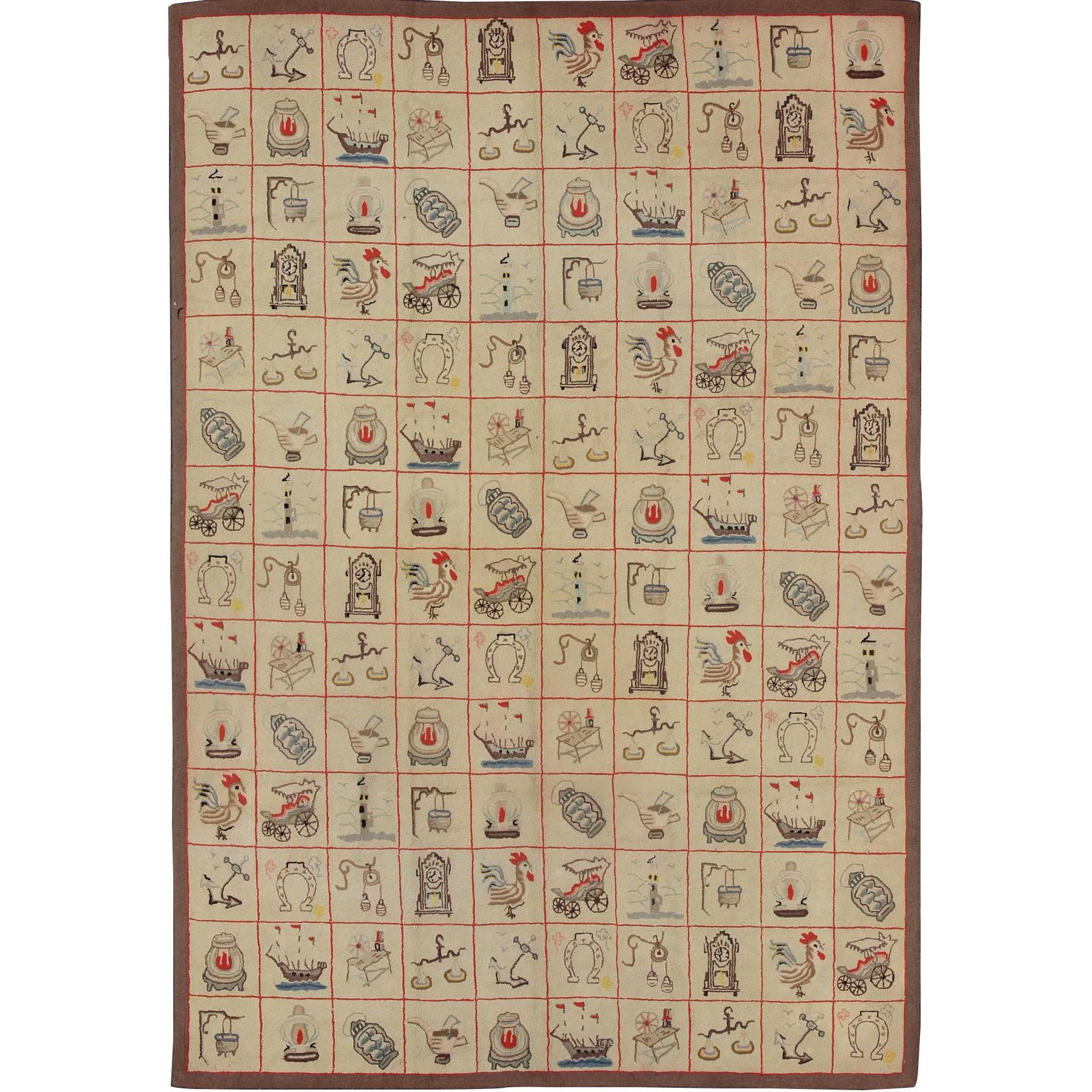 Large American Hooked Rug with Children Motifs of Boats, Horseshoes and Roosters