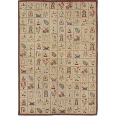 Large American Hooked Rug with Children Motifs of Boats, Horseshoes and Roosters