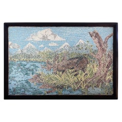 Vintage Large American Micromosaic Alaskan Landscape, Features Moose