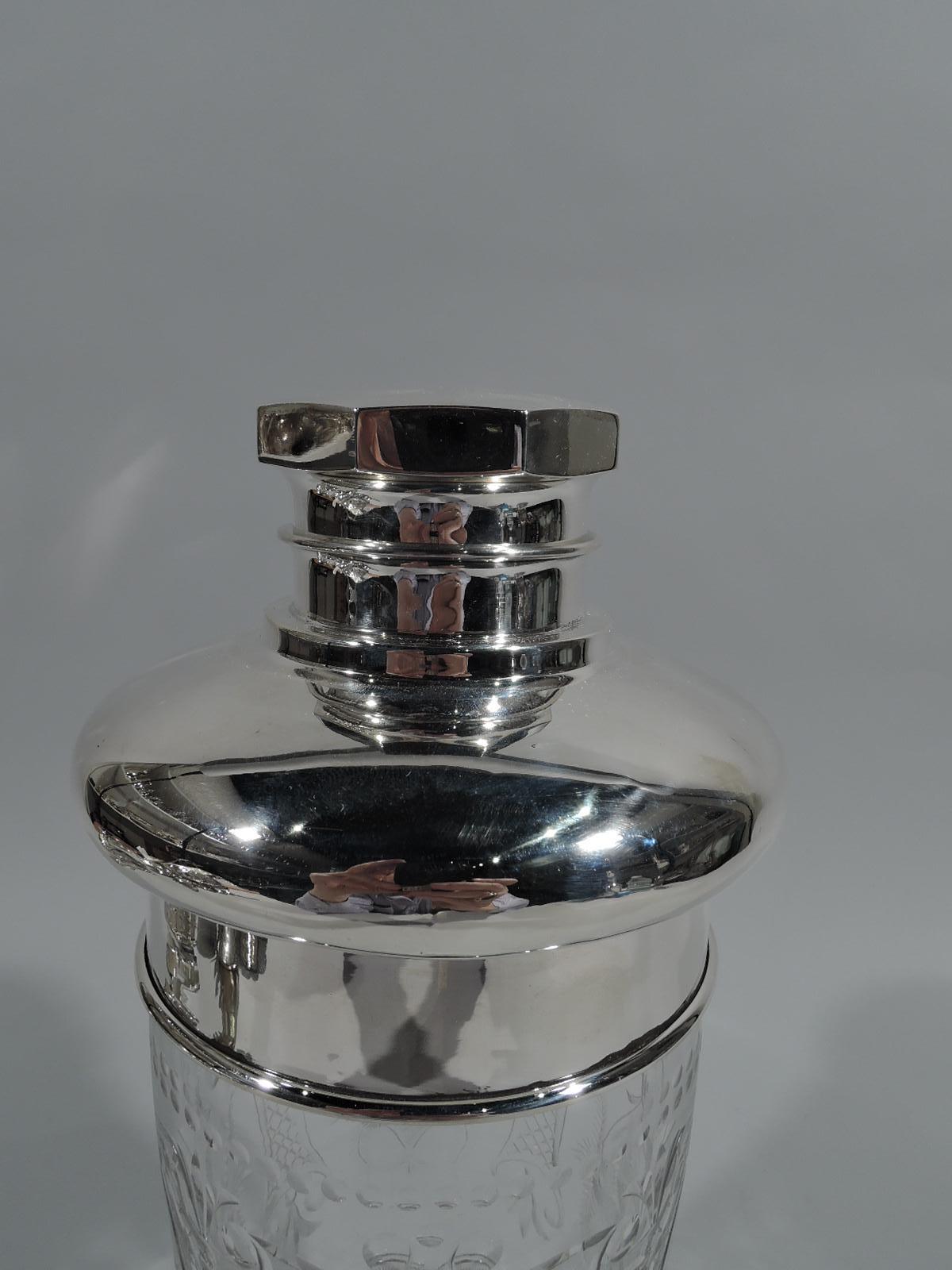 Large American Modern Sterling Silver and Glass Cocktail Shaker In Excellent Condition In New York, NY