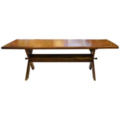 Large American One Plank Mahogany Top Sawbuck Dining Table, Branded, circa 1960