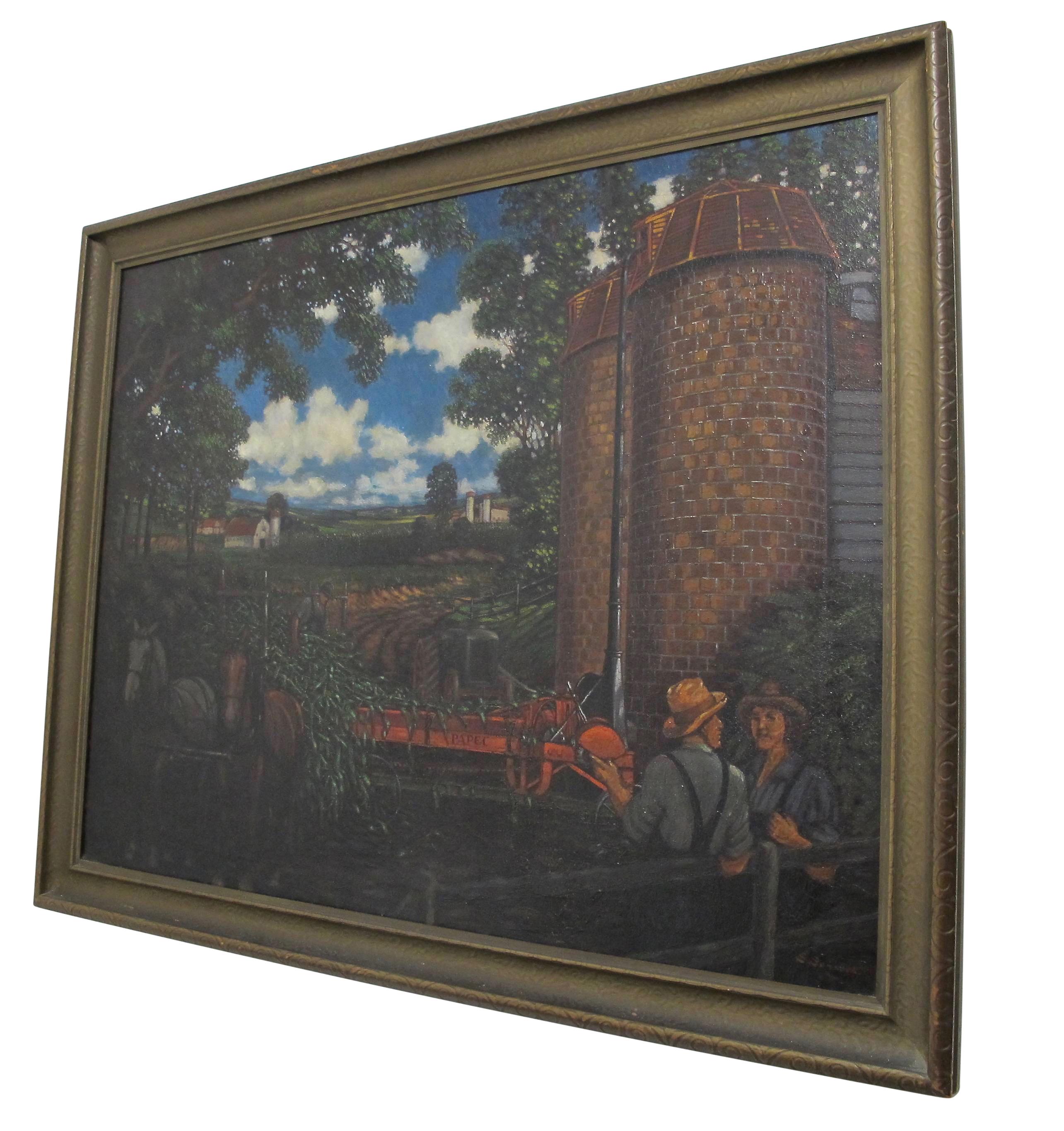 A very large pastoral farm scene (most likely New York) in a simple but original frame. Oil on canvas, signed Sonneck. American, first half of the 20th century.