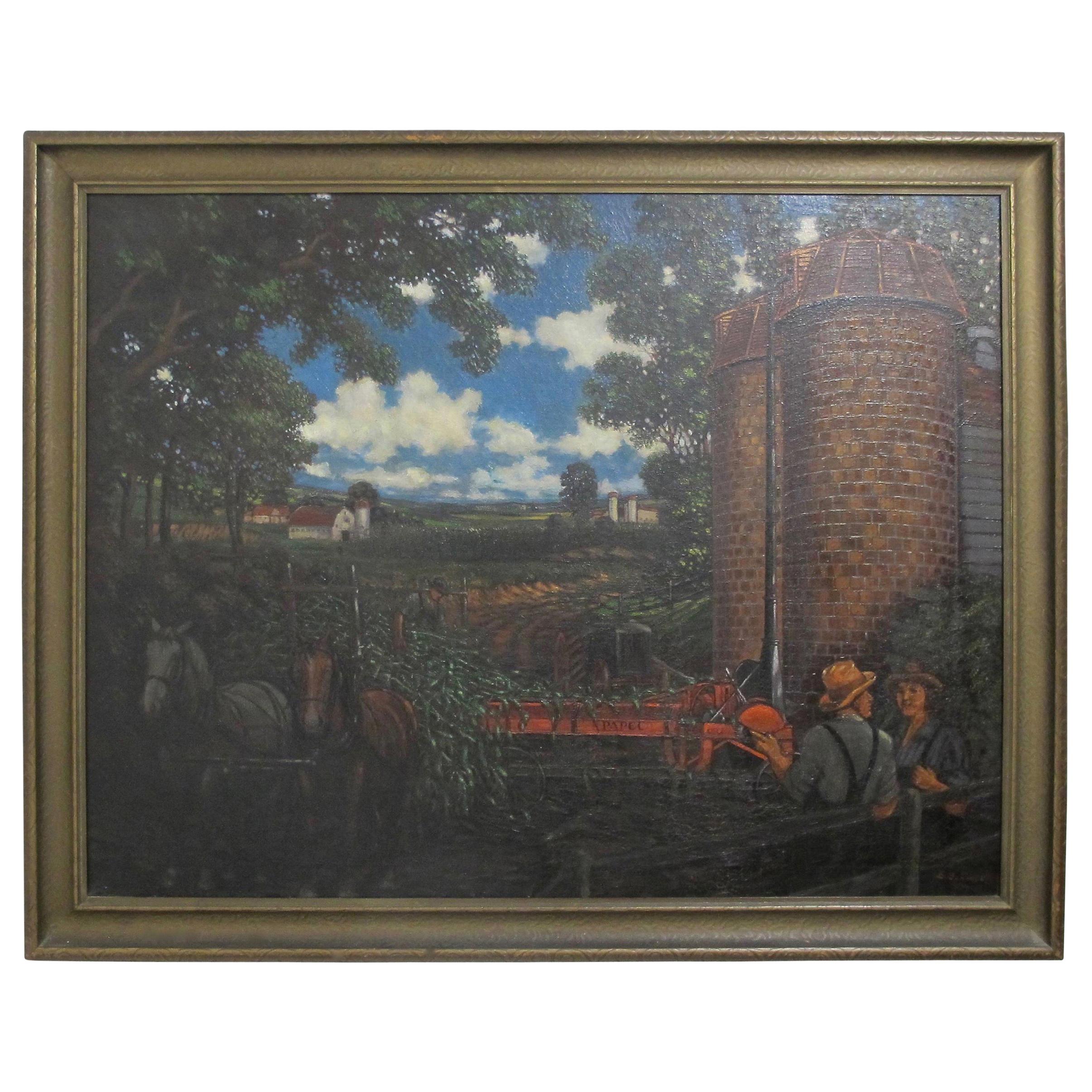 Grande peinture américaine d'une scène de ferme pastorale en vente