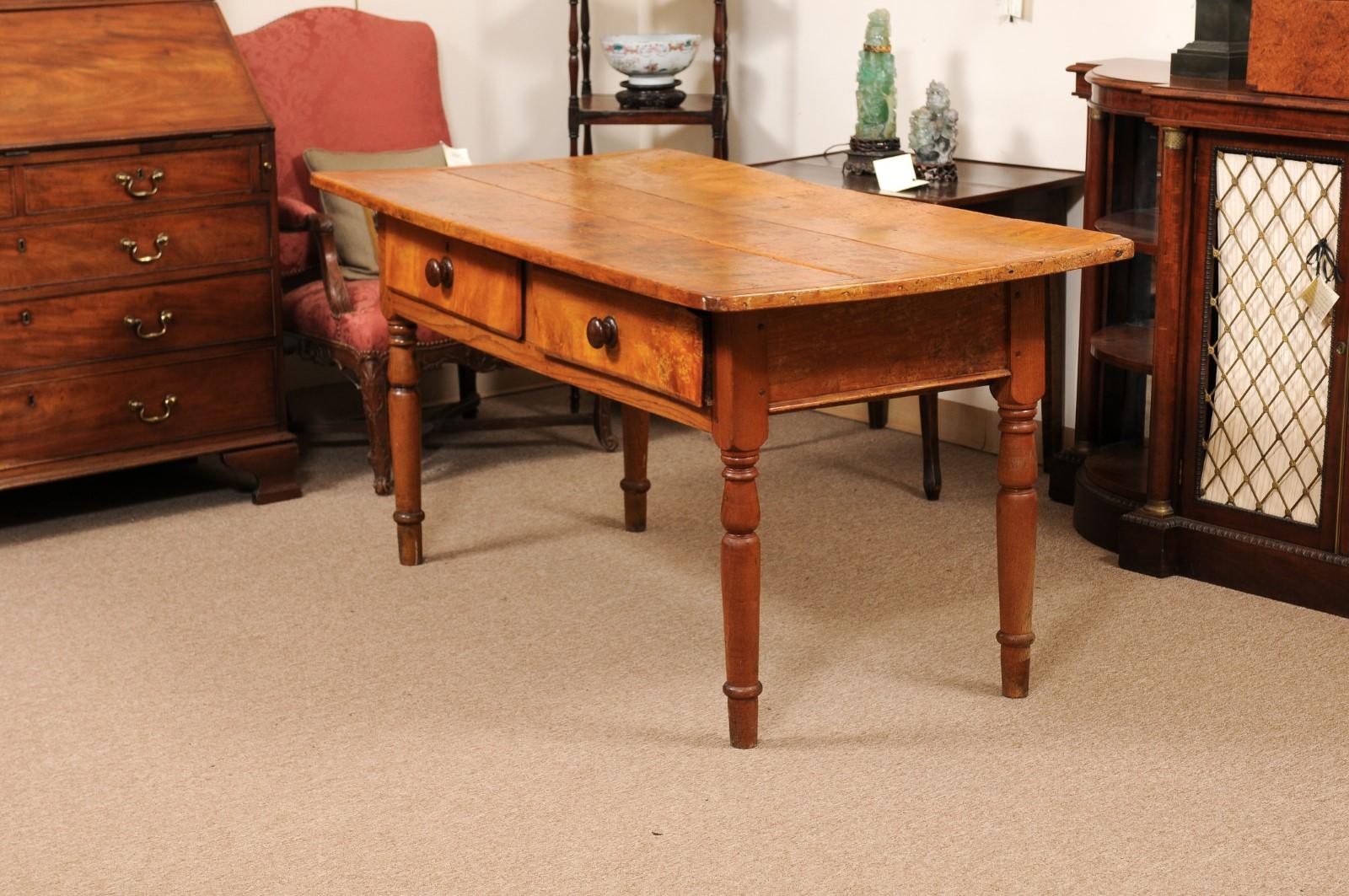 Large American Pine Kitchen Table with 2 Deep Drawers and Turned Legs, c1890 For Sale 7