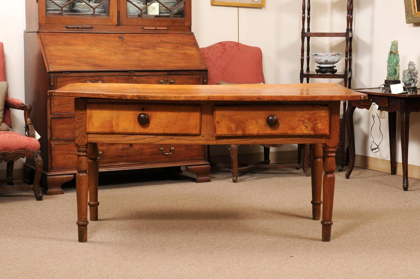 Large American Pine Kitchen Table with 2 Deep Drawers and Turned Legs, c1890 For Sale 8