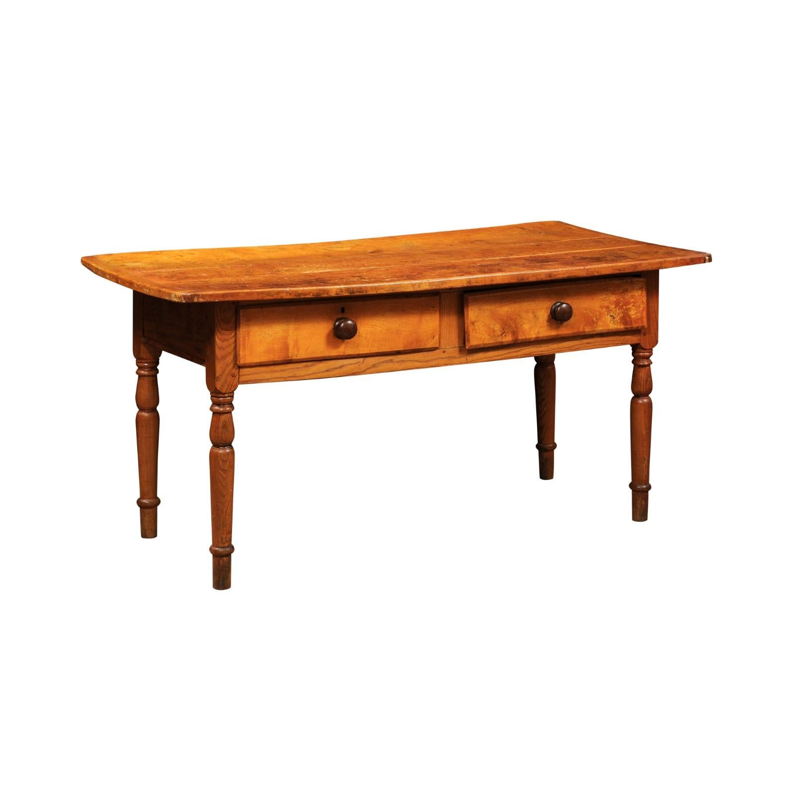 Large American Pine Kitchen Table with 2 Deep Drawers and Turned Legs, c1890 For Sale 9