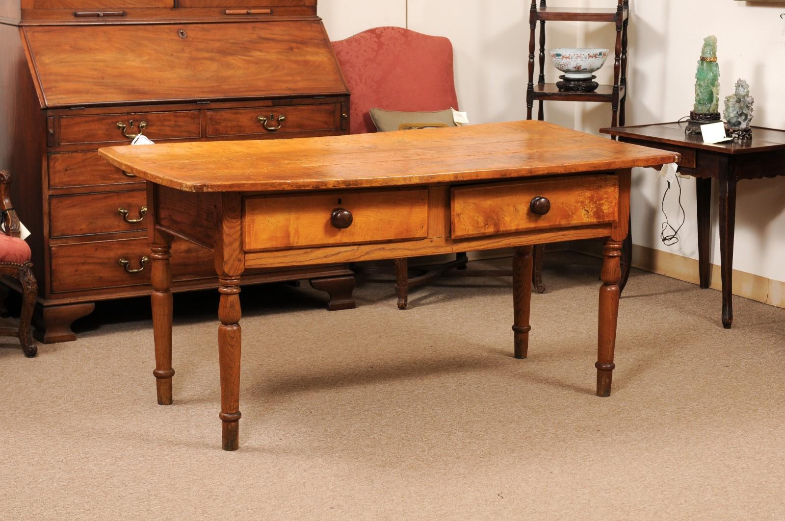 Large American Pine Kitchen Table with 2 Deep Drawers and Turned Legs, circa 1890.