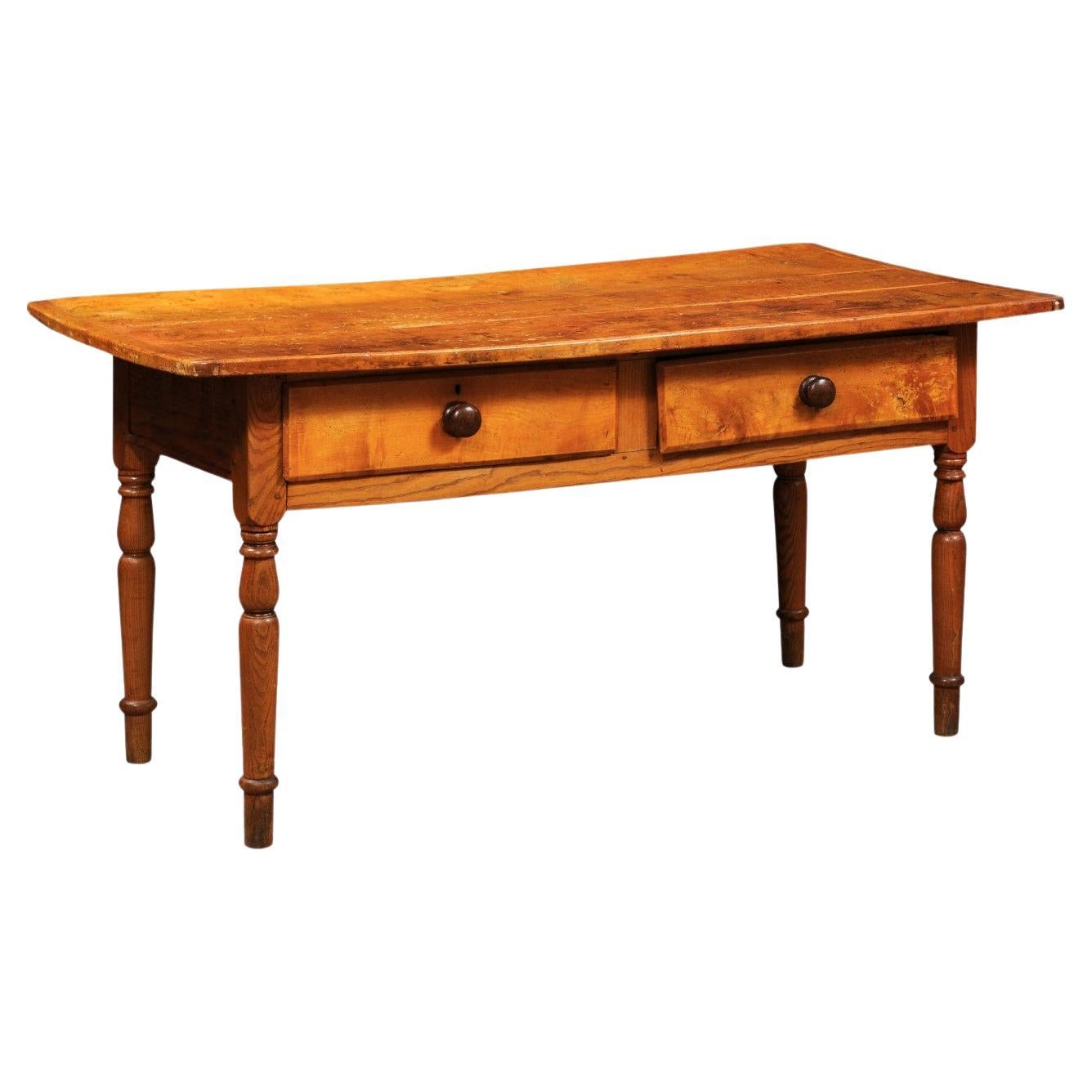 Large American Pine Kitchen Table with 2 Deep Drawers and Turned Legs, c1890