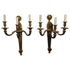 Large American Polished Brass Three-Light American Sconces, Early 20th Century
