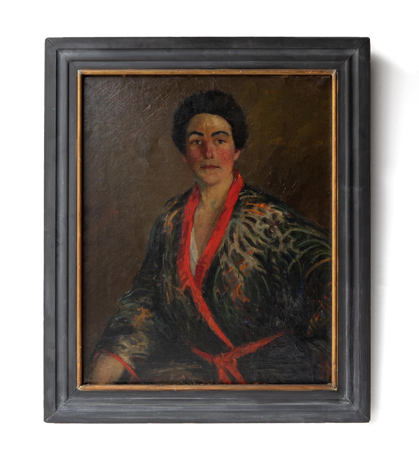 ANTIQUE ORIGINAL OIL ON CANVAS PAINTING DEPICTING A FEMALE SITTER, 1920s 
Depicting Ellen M. Farnum looking straight at the viewer dressed in the most wonderful red trimmed robe or kimono. 

Painted by a talented hand, expertly capturing the