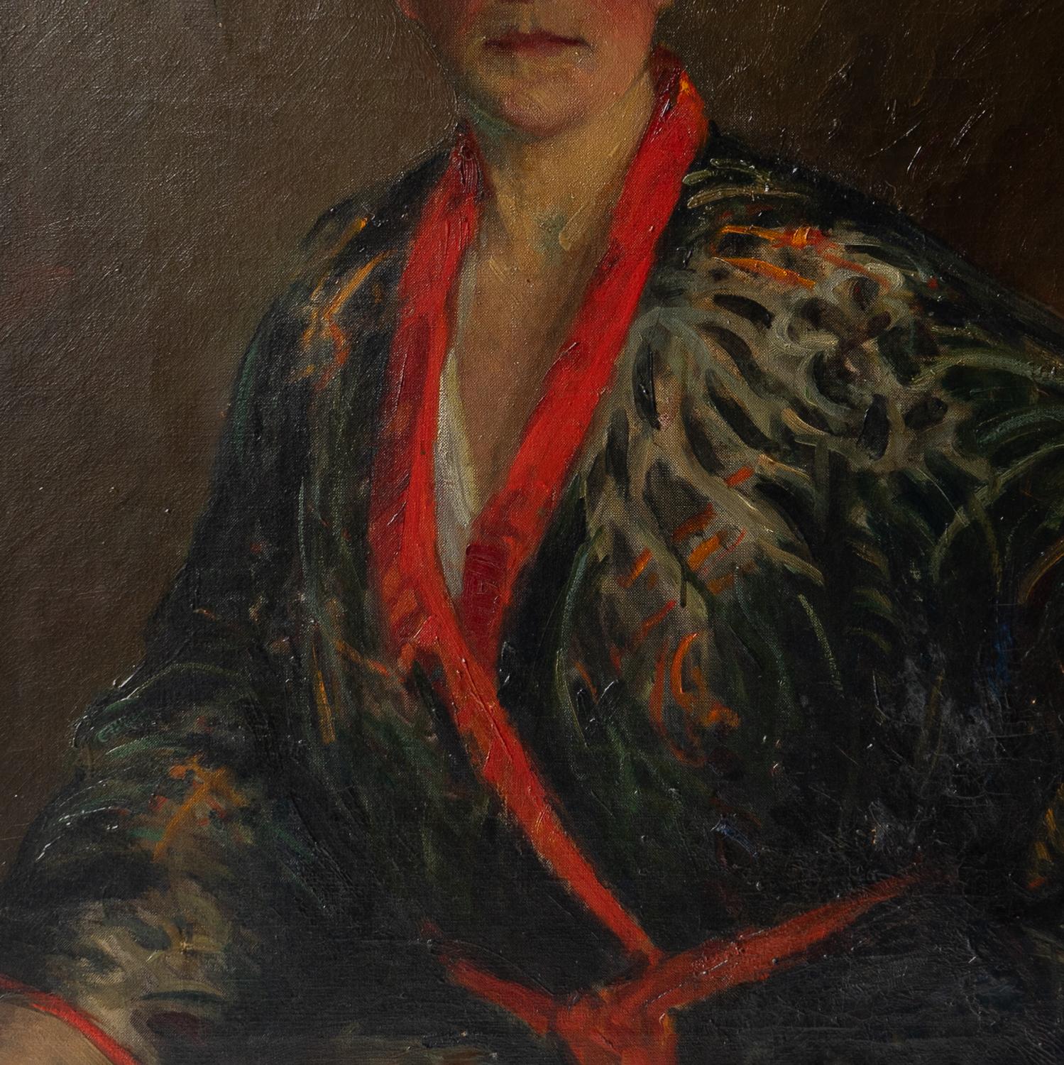 20th Century Large American Portrait Of A Woman In A Kimono, Original Antique Oil On Canvas