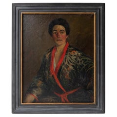 Large American Portrait Of A Woman In A Kimono, Original Antique Oil On Canvas