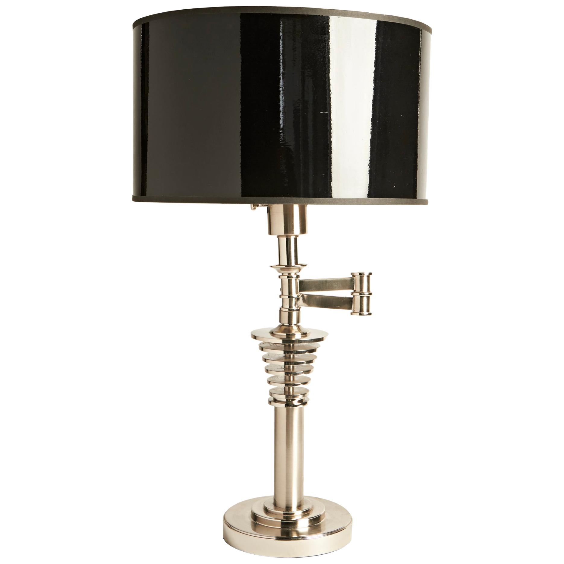 Large American Postmodern Brushed Steel and Polished Chrome Swing-Arm Desk Lamp For Sale