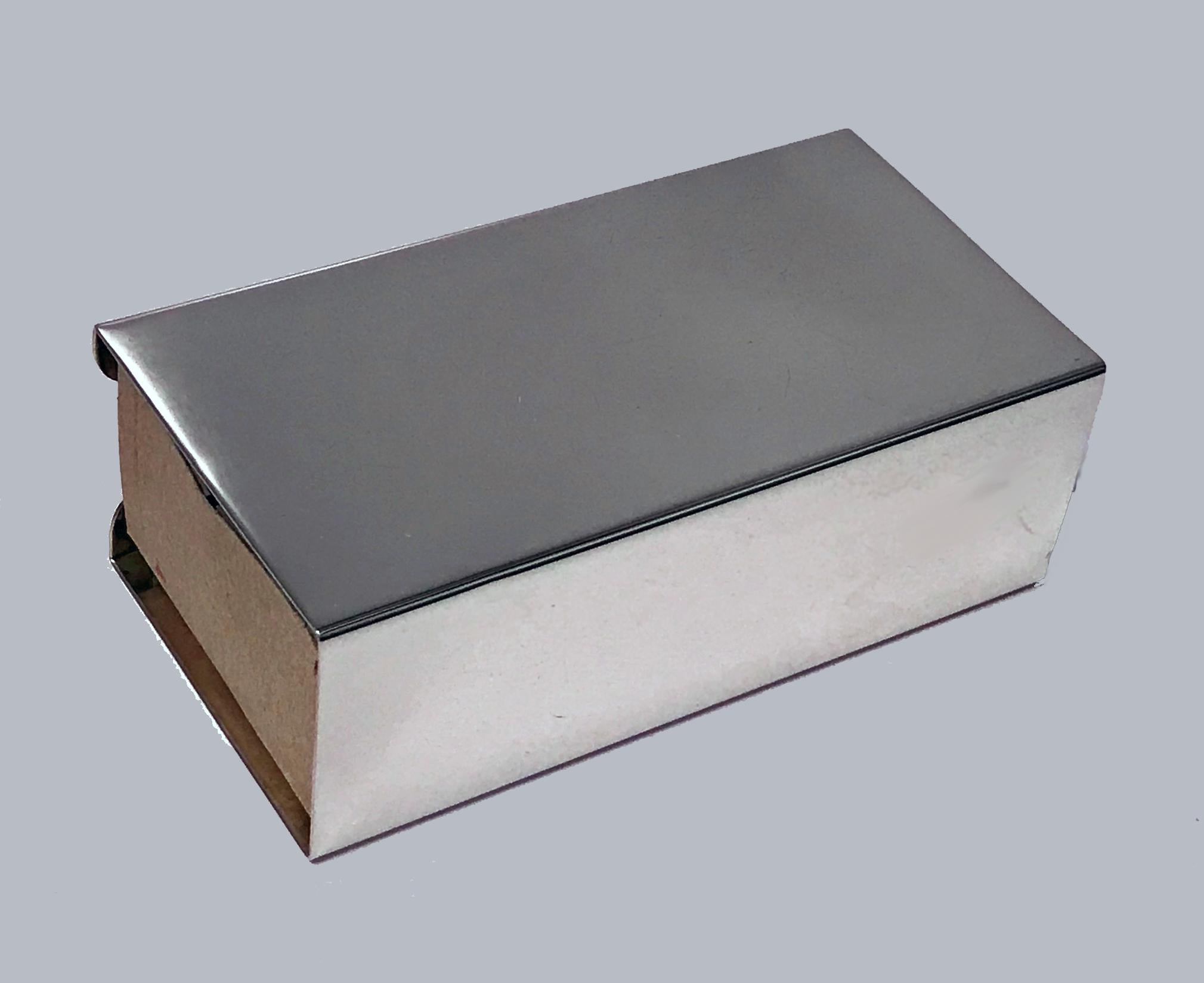Unusual large heavy American sterling Art Deco table match box vesta case, circa 1930. Plain rectangular shape with open sides to allow for large box. Measures: 5.00 x 2.50 x 1.75 inches. Silver Weight: 235 grams. Heavy gauge Sterling.
