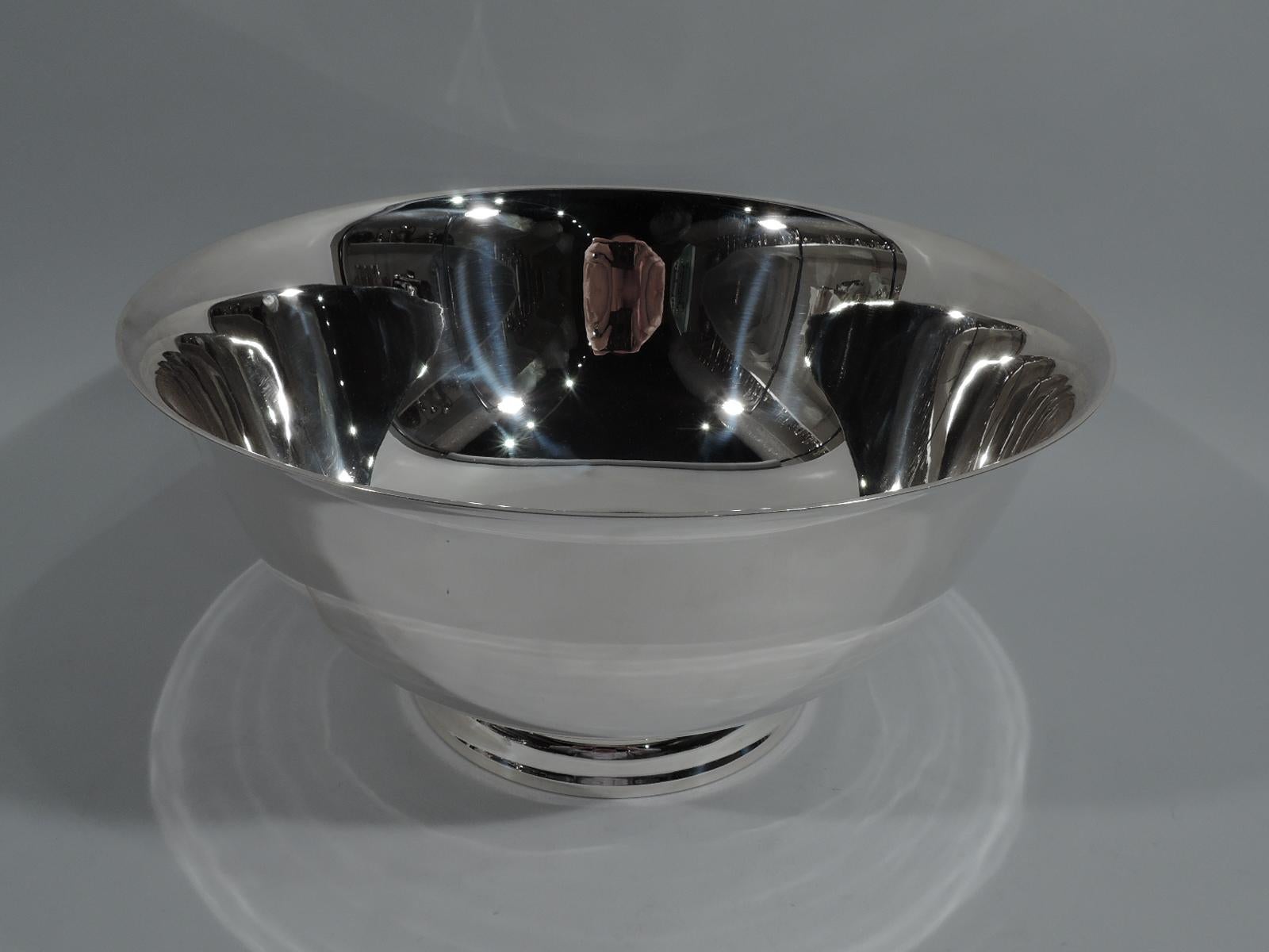 Large traditional sterling silver centerpiece Revere bowl. Curved sides, flared rim, and stepped foot. The traditional form supersized. Perfect for punch. Lots of room for engraving. Fully marked including Watson maker's stamp, no. B269, and phrase