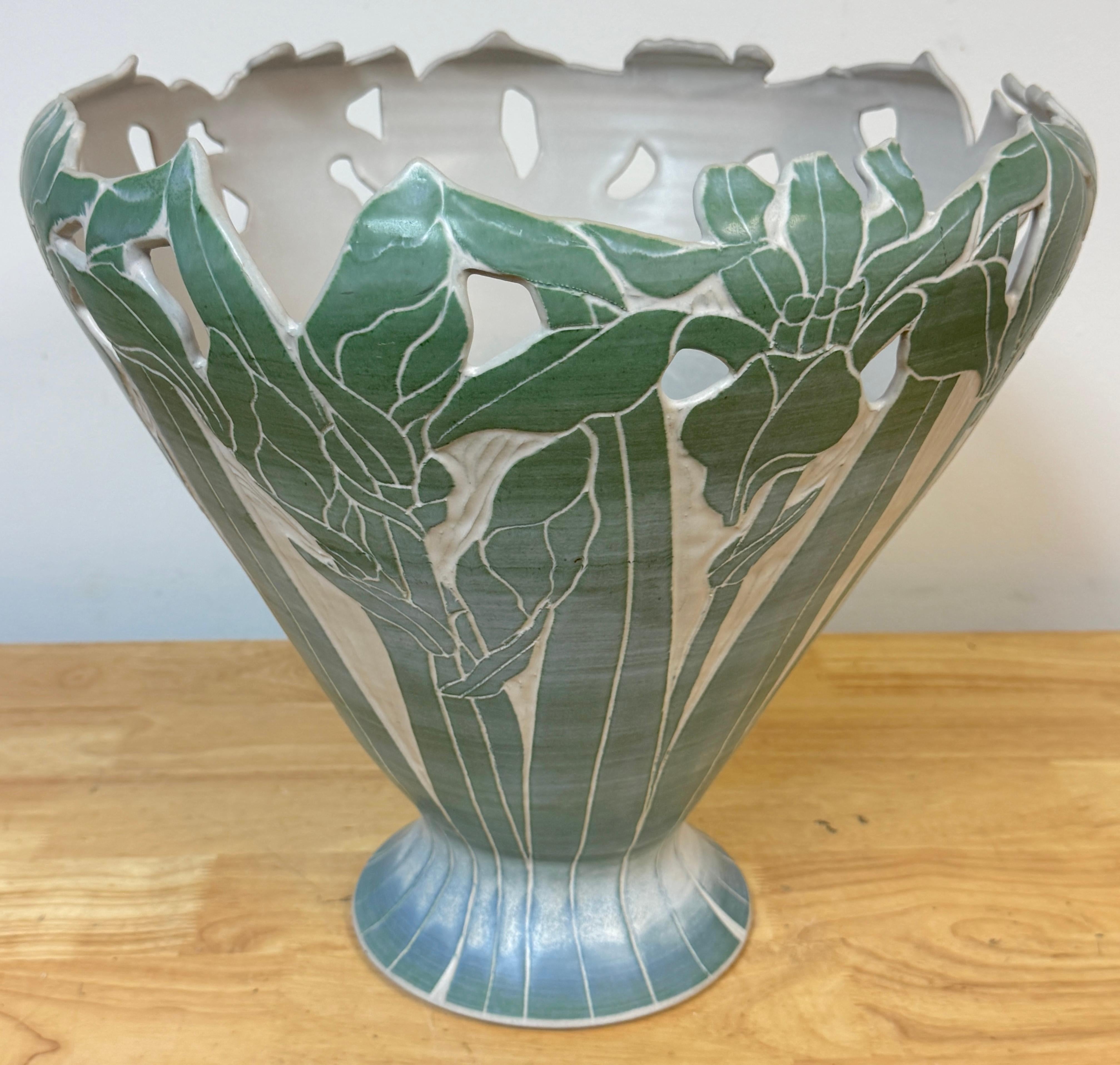 Large American Studio Pottery Iris Motif Vase, Style of Newcomb College, Signed For Sale 4