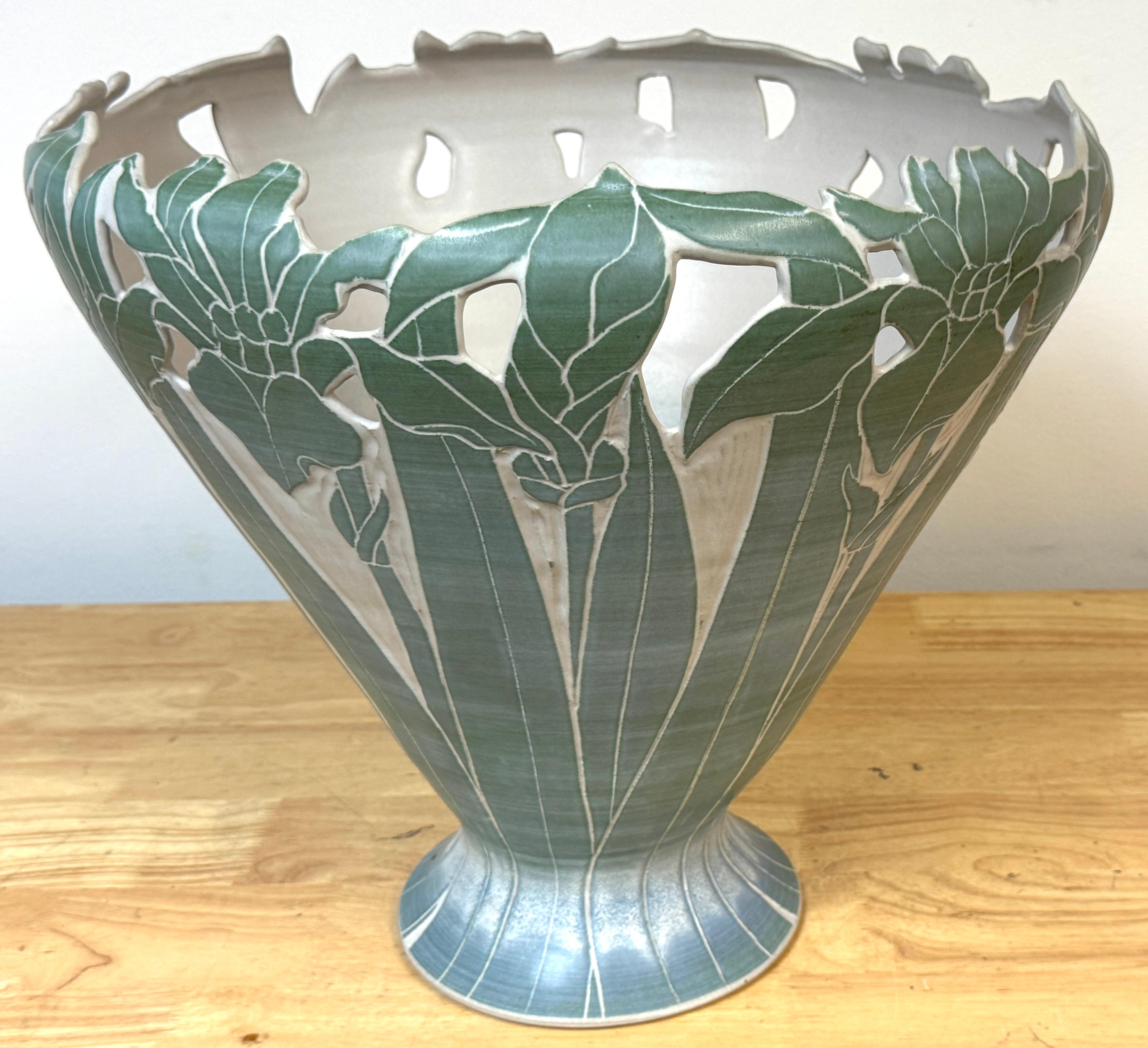 Large American Studio Pottery Iris Motif Vase, Style of Newcomb College, Signed For Sale 6